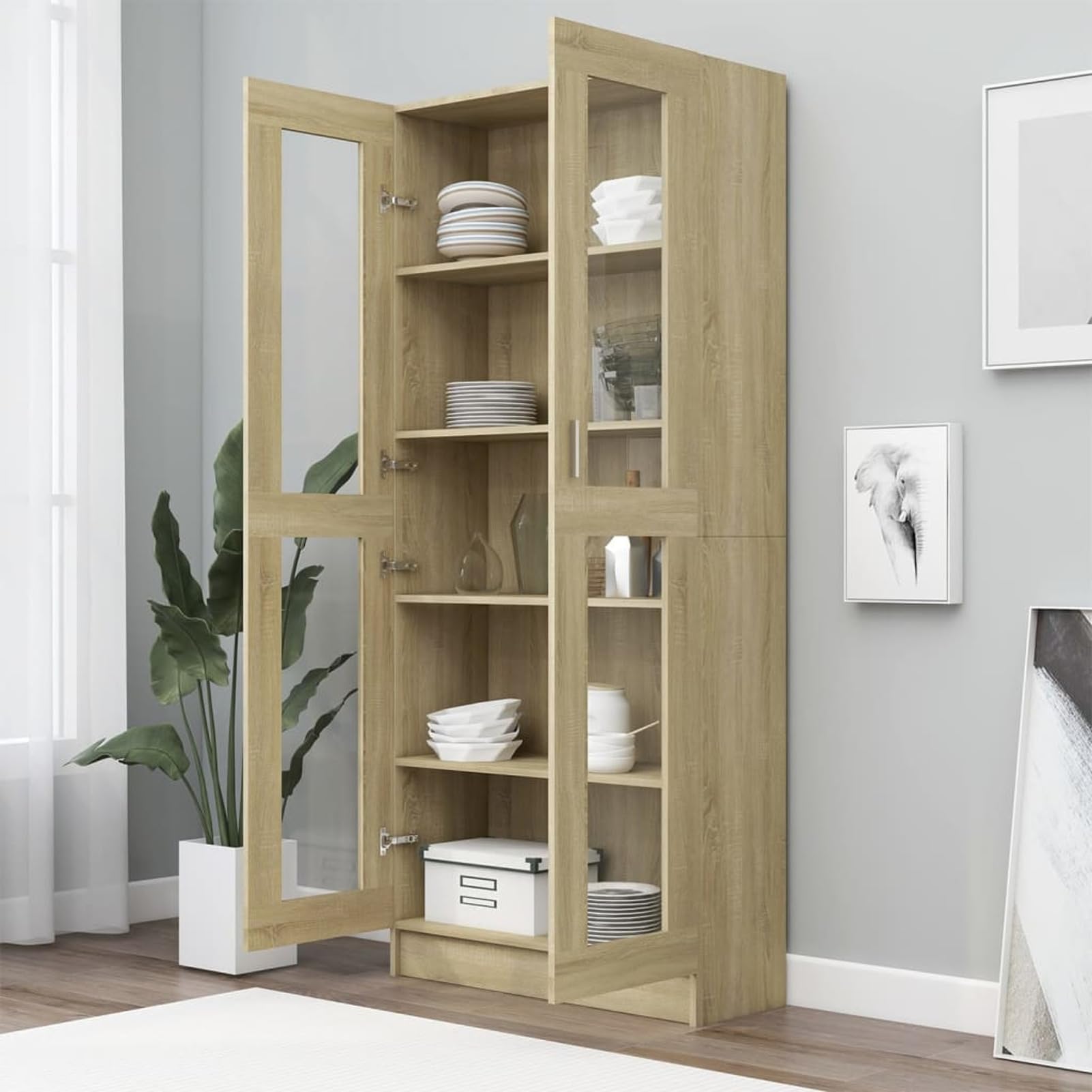 Vitrinenschrank Sonoma-Eiche 82,5x30,5x185,5 cm Holzwerkstoff BüCherschrank Mit TüRen Wohnzimmer Vitrinenschrank Vitrine