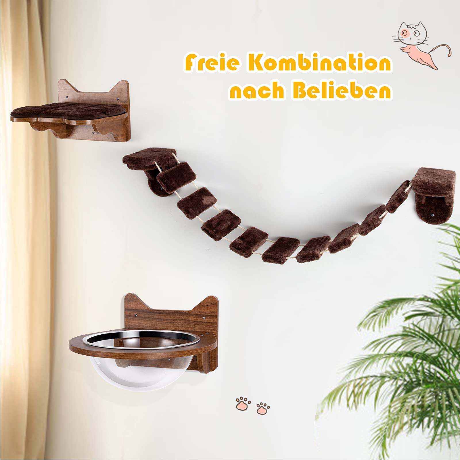 COSTWAY Kletterwand Katzen, 2 in 1 Katzenbrücke und Katzenliege, Katzenhängematte Wand Set, Hängebrücke Katzentreppe, Katzenbett Wandliege Hängematte, Katzenmöbel für Katze bis 10 kg, Braun