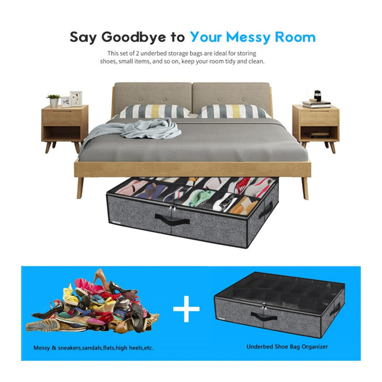 Organizer per scarpe sotto il letto, confezione da 2, per 24 paia, grande scatola per scarpe sotto il letto, organizer trasparente pieghevole per scarpe sotto il letto