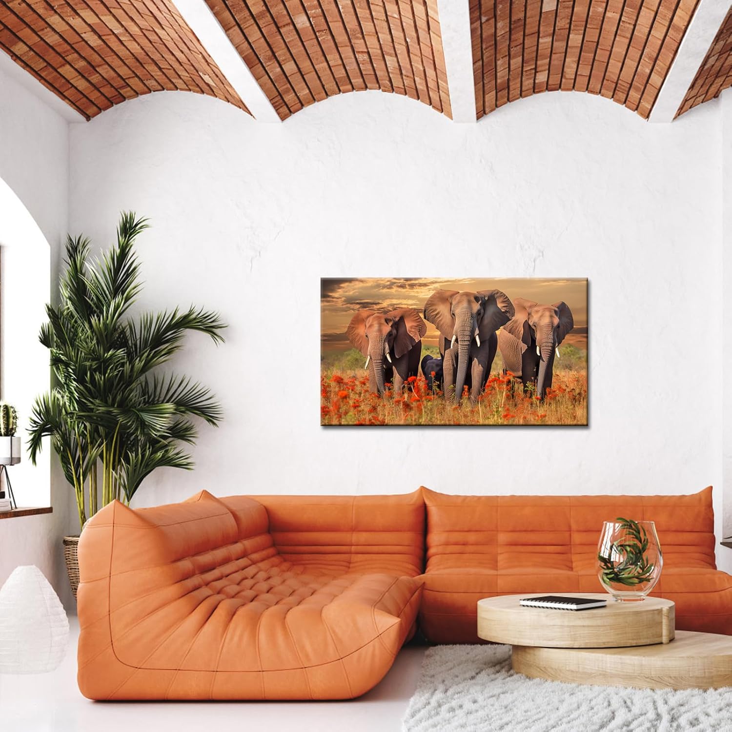 NutArtPic African Elephants Canvas Wall Art Sunset Elephants Pictures Wildlife Animal Artwork Prints On Wrapped Canvas For Home Decor 36''L x 20''W (Colorful)