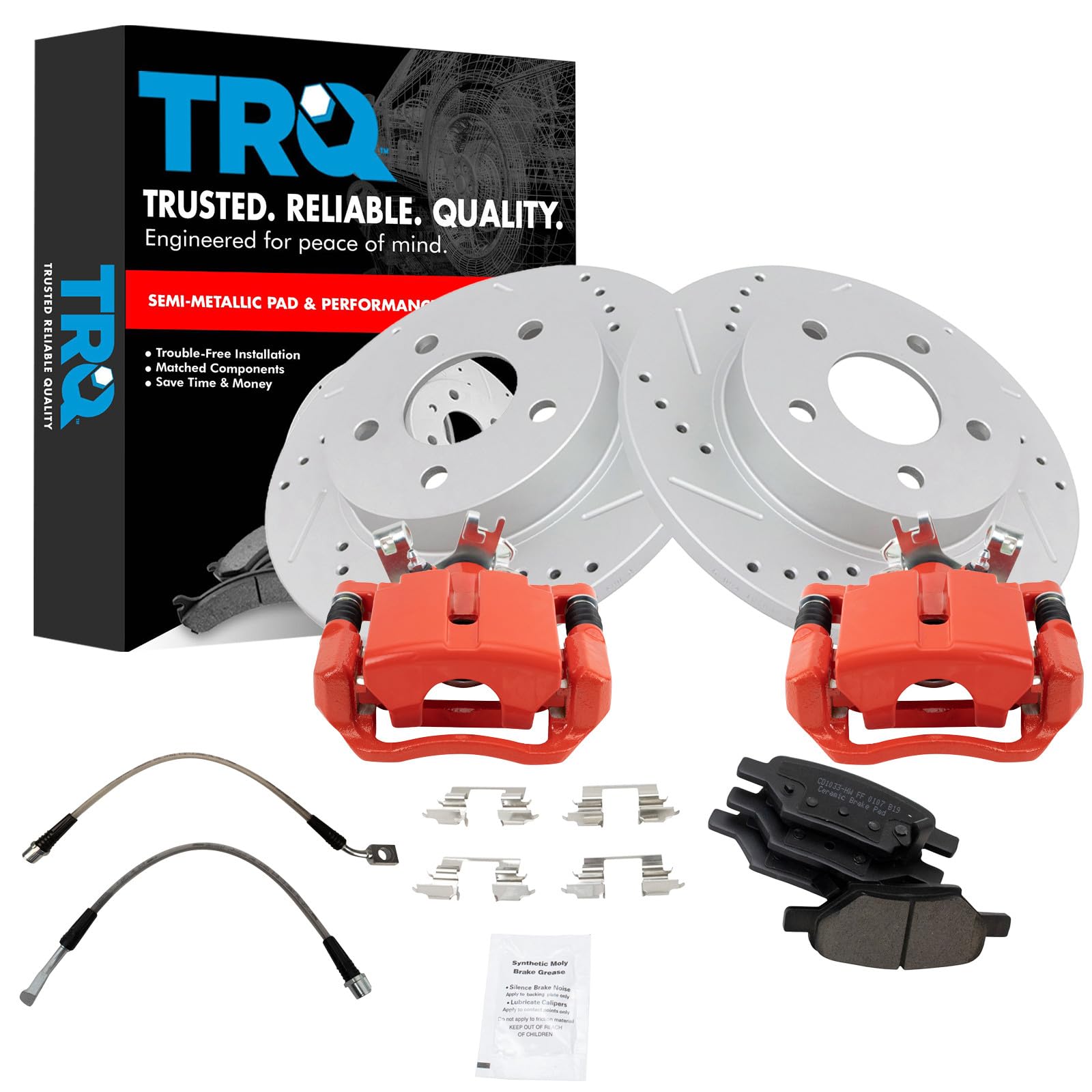 TRQ Performance Rear Brake Pad and Rotor Set Ceramic Coated Slotted Drilled Calipers Compatible with 2005-2007 Chevrolet Malibu