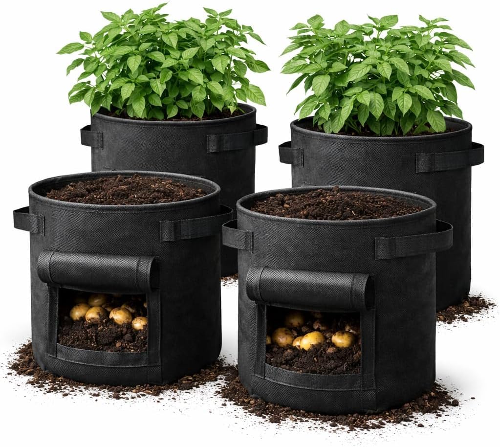 Potato Grow Bags - 10 Gallon 4 Pack with Harvest Flap & Handles, Heavy Duty Breathable Garden Plant Grow Bags for Potatoes, Tomatoes, Vegetables, Carrots, Outdoor Planters (4 Pack - 10 Gallon)