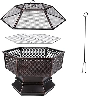 Outdoor Wood Burning Fire Pit Heaters Fire Pits for Garden BBQ Grill Firepit Bowl 2 in 1 Fireplace for Bonfire Barbecue in The Wild with Grill Grate for Camping/Outdoor Heating/Bonfire and Picnic