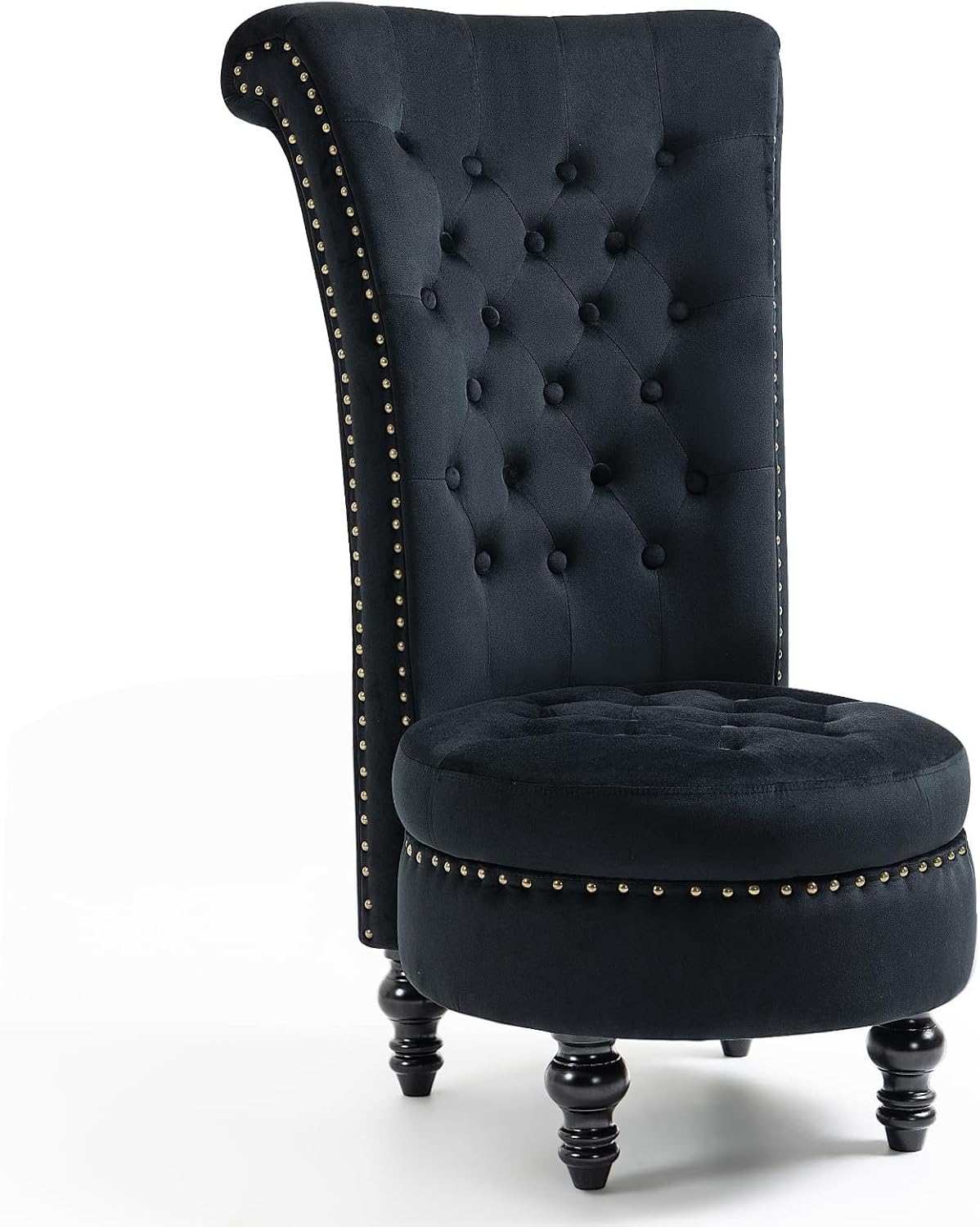 AVAWING High Back Throne Chair Set of 2, Velvet Royal Accent Chair with Button-Tufted Back，Armless Gothic Chair w/Storage, Nailhead Trim Design & Rubber Wood Legs for Living Room & Bedroom, Black