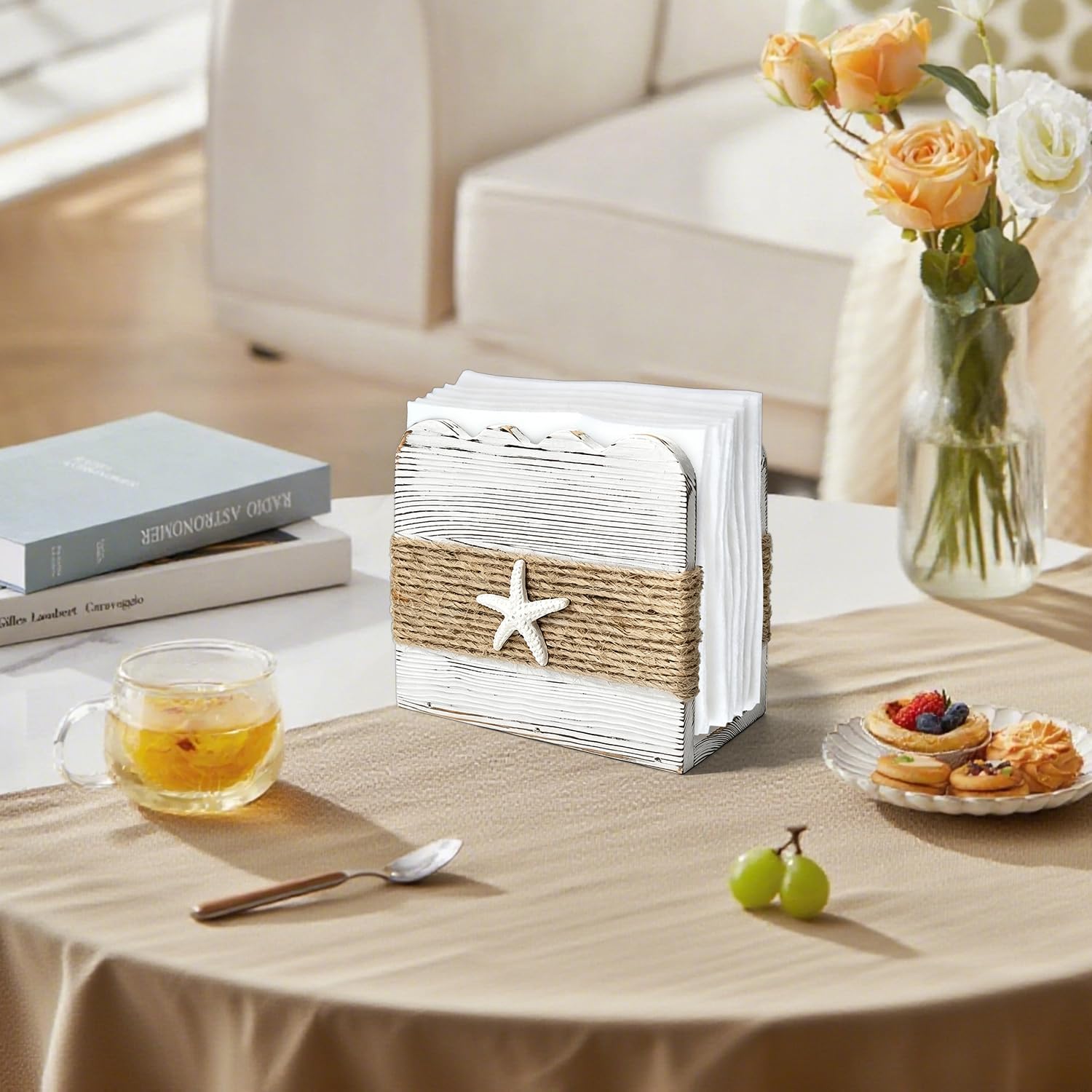 Natural Wood Wave Napkin Holder Farmhouse White Tissue Caddy