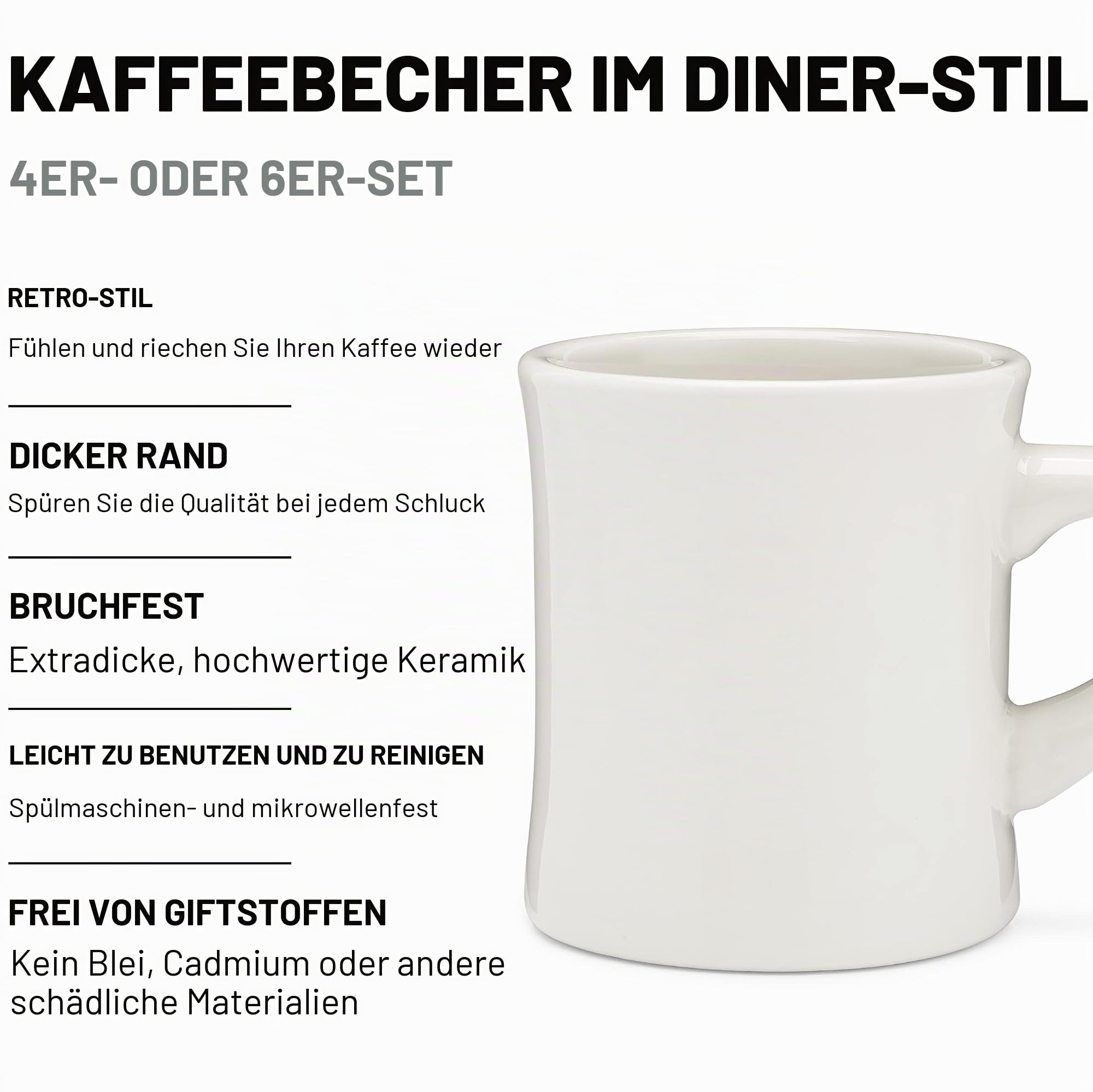 Coletti Off-White-Kaffeetassen-Set mit 4 – Diner-Kaffeetassen 11 oz – Tassenset, Kaffeetassen aus Steingut, Kaffeetassen aus Keramik – Schwerer Retro-Stil – spülmaschinen- und mikrowellenfest