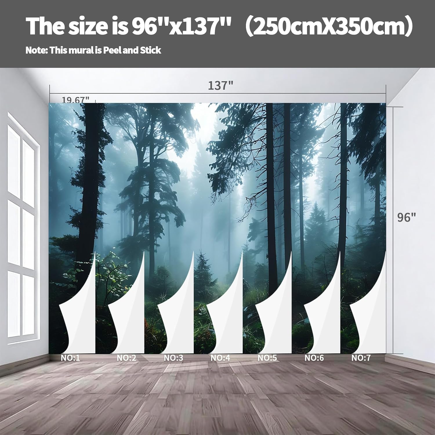 Large Morning Forest Haze Peel and Stick Wall Mural, Removable Misty Woods Mural, Office Decor Commercial Wall Art for Bedroom Living Room (C08, 96"x137")