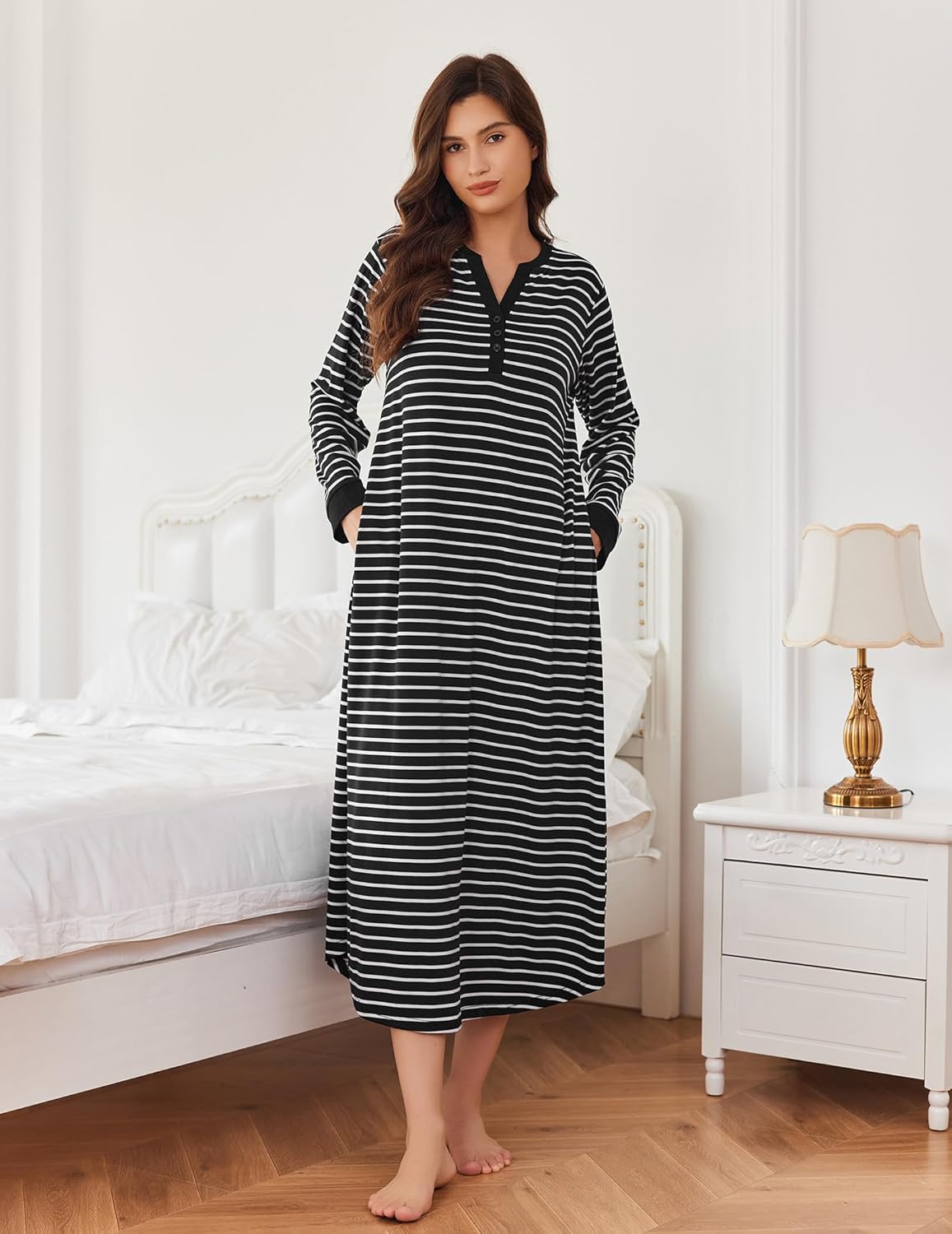 Ekouaer Womens Nightgown Long Loungewear V Neck Nightshirt Sleepwear Full Length Sleepshirt with Pockets - Image 2