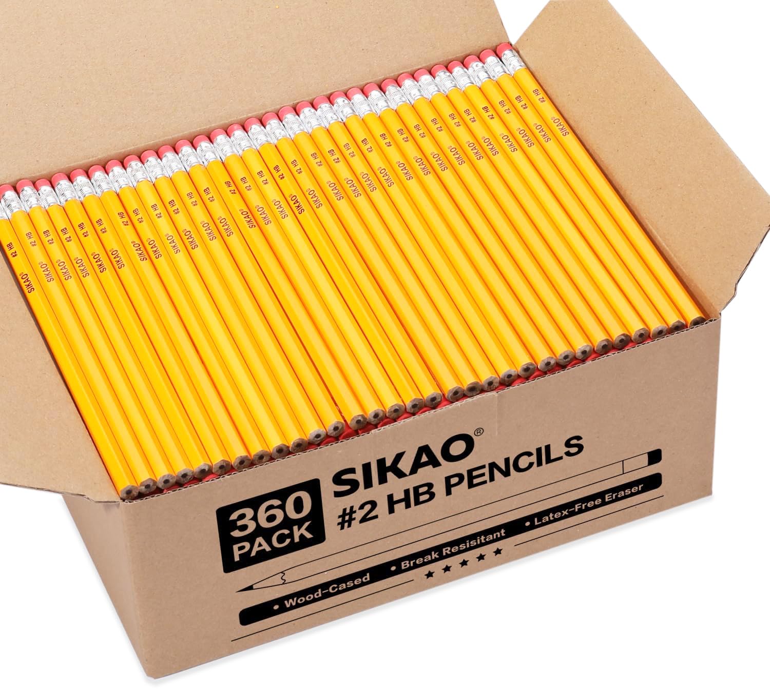 Sikao Pencils 360 Pack 2 HB Yellow Woodcased Graphite Lead Pencil with Erasers Office School Classroom Supplies for Kids Teacher Students Drawing Sketching