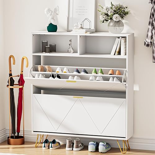 Miniatura 8 de JOZZBY Zapatero grande para entrada, armario de almacenamiento estrecho de 46 pulgadas con 2 cajones abatibles y estantes abiertos, organizador de