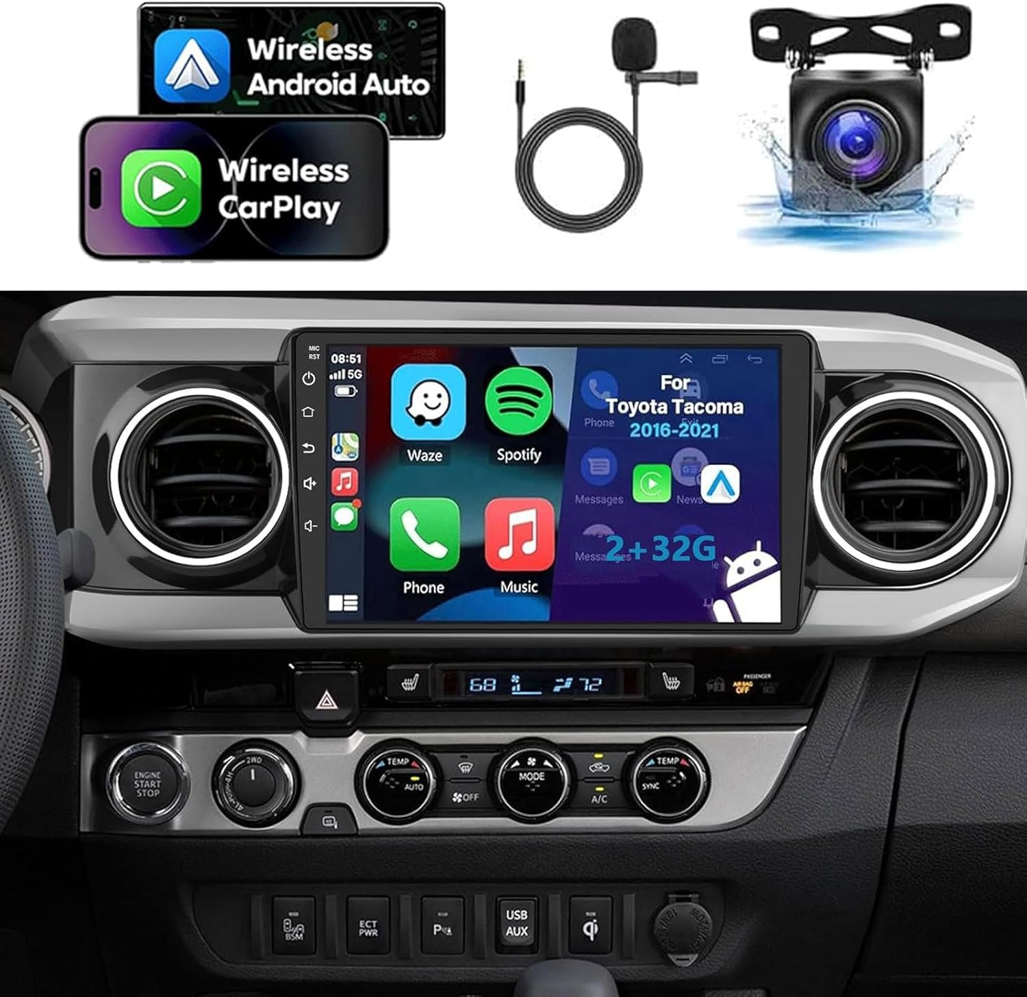 9 inchs car stereo with carplay android auto for toyota for tacoma 2016-2021 double din android 13.0 touch screen car radio receiver w/wifi gps bluetooth ahd backup camera mic - 2+32g