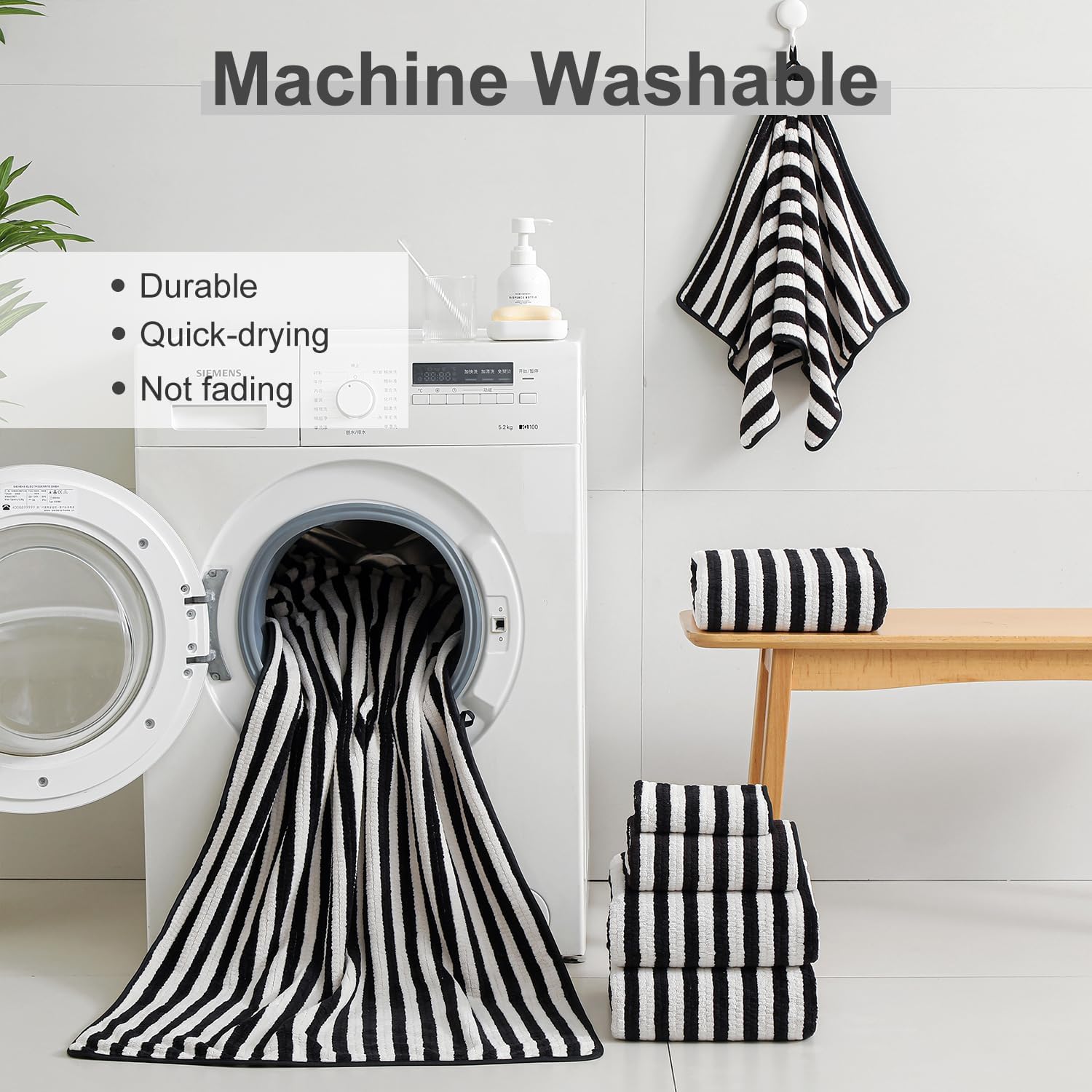 Smuge 18 Pcs Bath Towel Set, Include 6 Bath Towel Sheets, 6 Hand Towels and 6 Washcloths - Highly Absorbent Quick Dry Microfiber,Ultra Soft Bathroom Towel Set with Hanging Loop - Black - Image 6