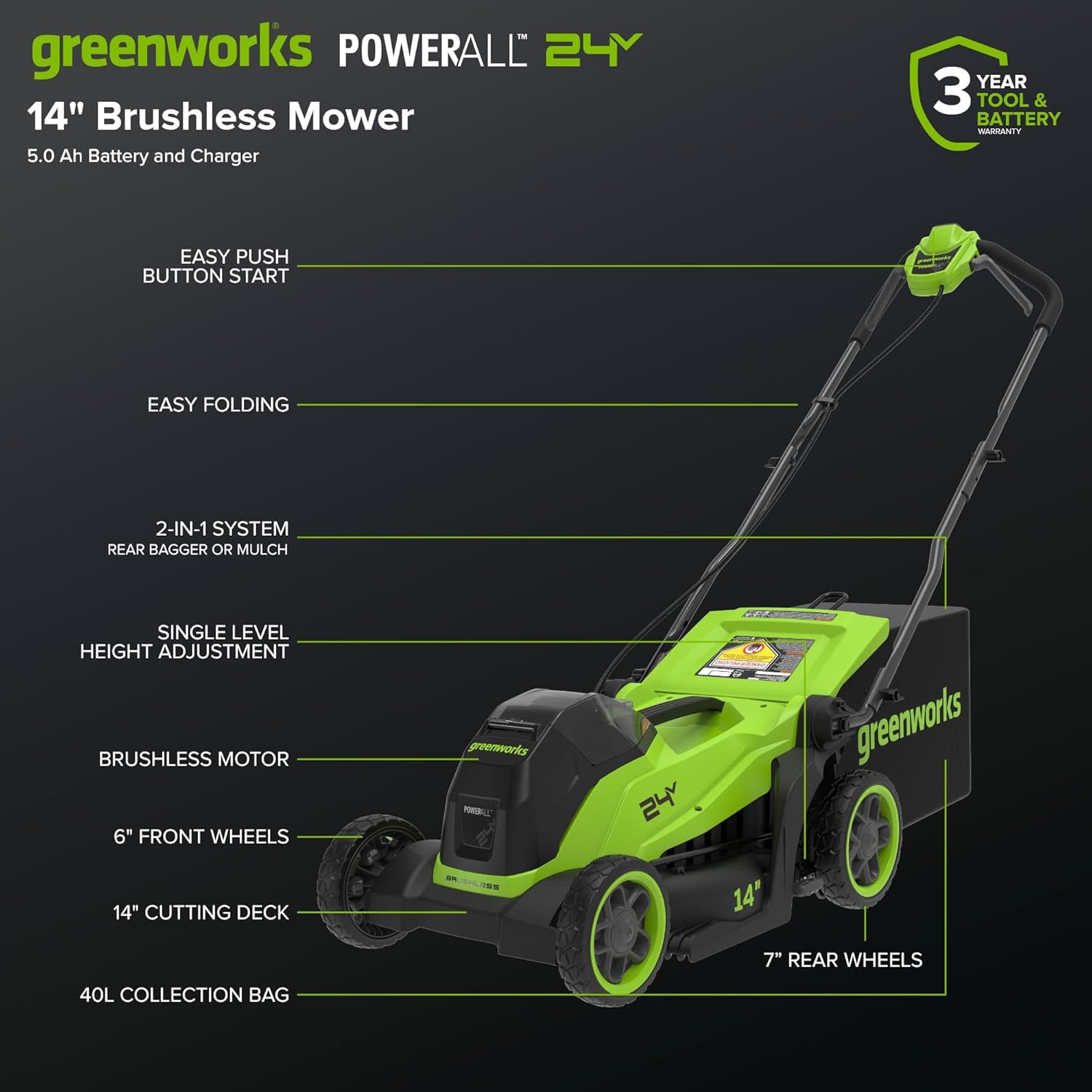 greenworks 24v 14? brushless cordless lawn mower kit with 5.0ah usb-c battery & 65w type-c charger 14" (5.0ah)