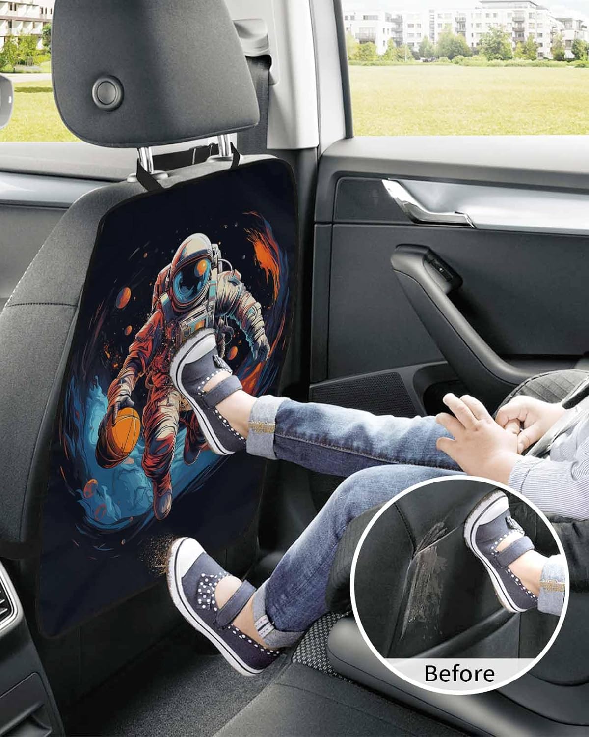 T&H XHome Car Seat Protector, 2 Pack Kick Mats Back Seat Protector Sports Theme Watercolor Astronaut Play Basketball Waterproof Backseat Cover for Kids Universal Fit Automotive Interior Protectors