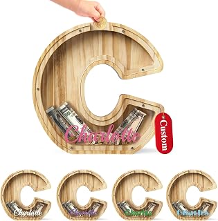 Bemaystar Personalized Piggy Bank: Customized Name Letter, Wooden Money Bank for Kids, Birthday