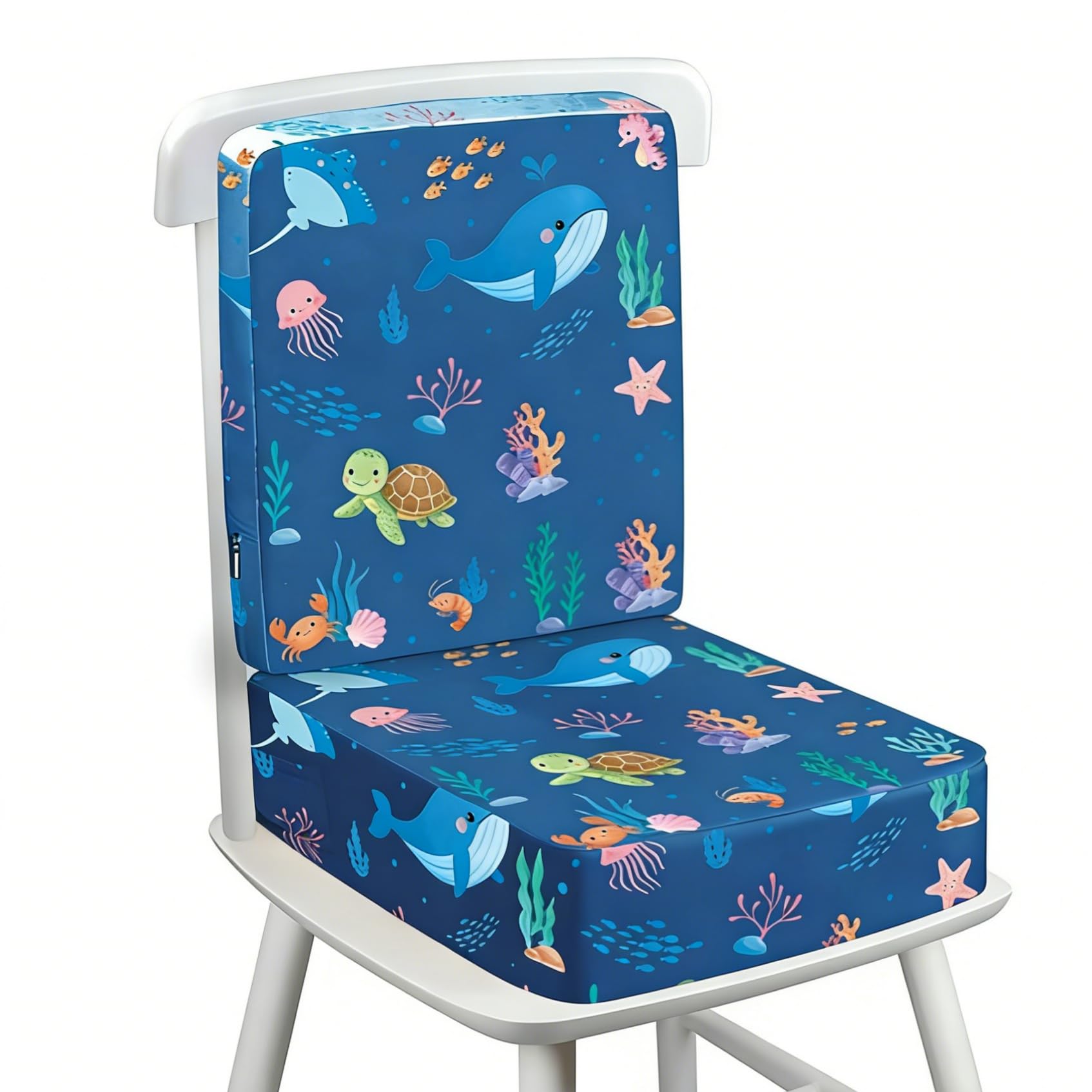 Toddler Booster Seat for Dining Chair with Backrest, 10cm Thick Kids Booster Cushion with Adjustable Safety Straps & Non-Slip Bottom for Boys & Girls, Washable - Marine Animals