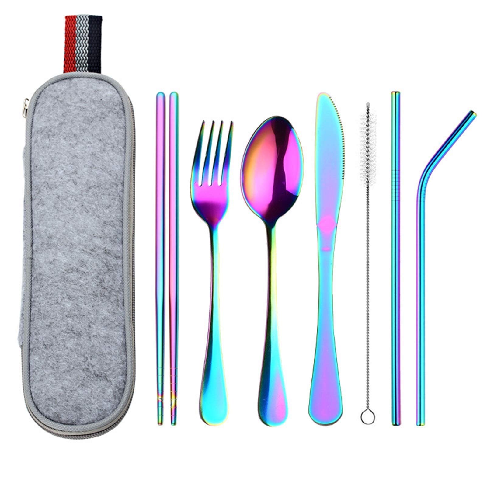 Reisegeschirr Set Portable Besteck Camping Dinner Sets Edelstahl Geschirr Regenbogen mit Strohset Pinsel Essstäbchen Tasche essgeschirr (Color : Gold)