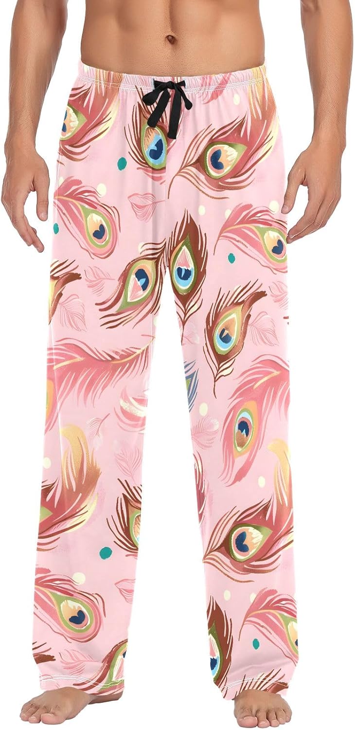 Men Pajama Pants Pink Background Peacock Feathers Pattern Lounge Comfortable Relaxed Sleepwear Bottom
