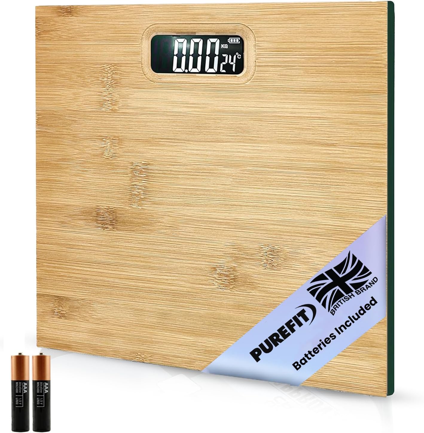 Digital Bathroom Scale for Measuring Body Weight - Bamboo Style Ultra Slim, High Precision, Smart Scale with LED Display - Weighing Scale with Battery Included LB/KG/ST Max Weight 180KG