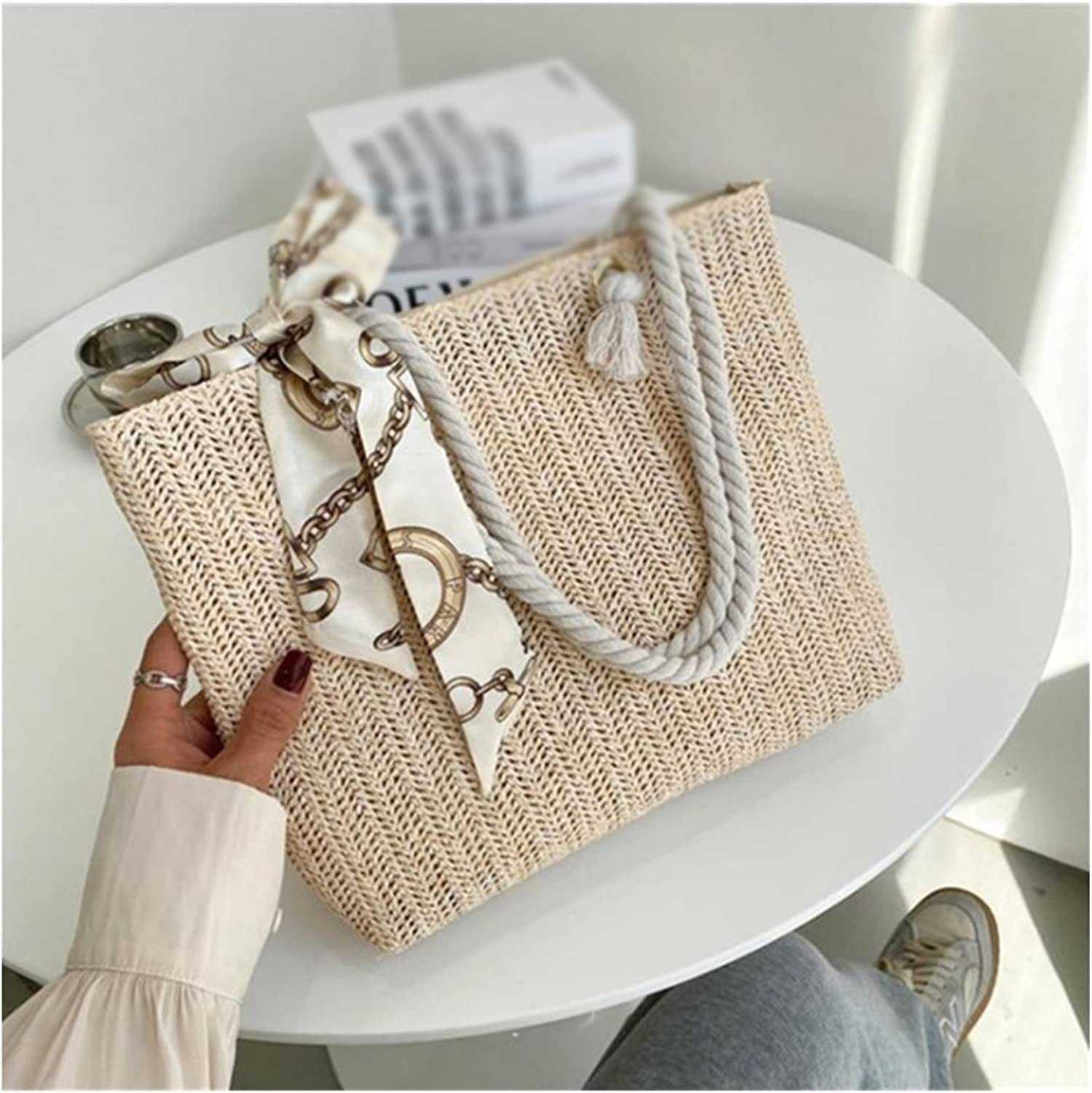 Bolso de Paja Bolso De Hombro Tejido Paja, Playa Verano para Mujer, Mano Ligero Hecho A Informal para Vacaciones con Bufanda Seda Mujer(Blue,Pink,Black)