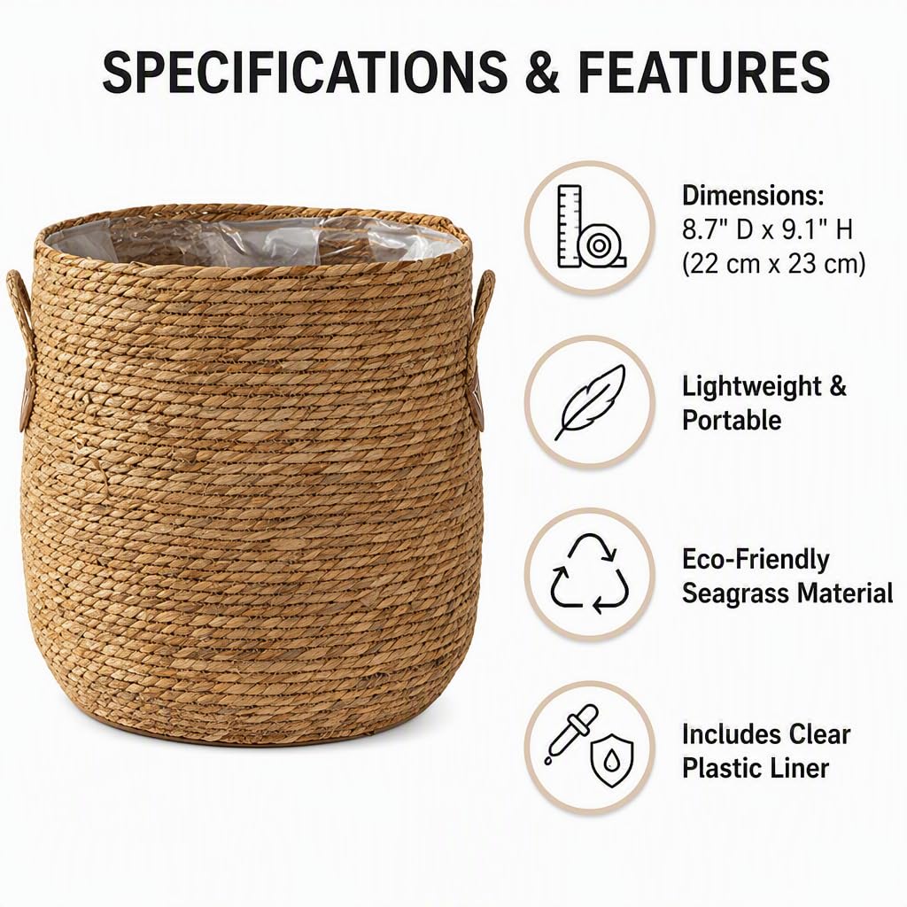 Cestino portavaso in rattan naturale intrecciato con rivestimento in plastica, coprivaso decorativo da 22 cm per piante da interno, arredamento boho.