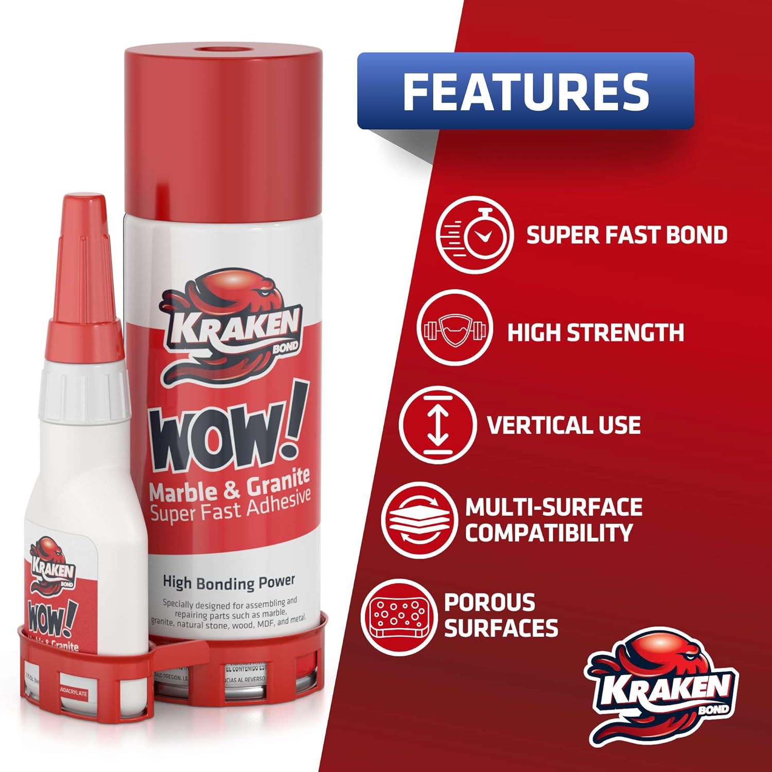 Kraken Bond Wow Marble & Granite CA Glue with Activator - (2x6.75 fl.oz) CA Glue Activator, (2x1.75 oz) CA Glue for Stone, Marble, Ceramic and Metal, Strong Super Glue with Accelerator, 2 Pack