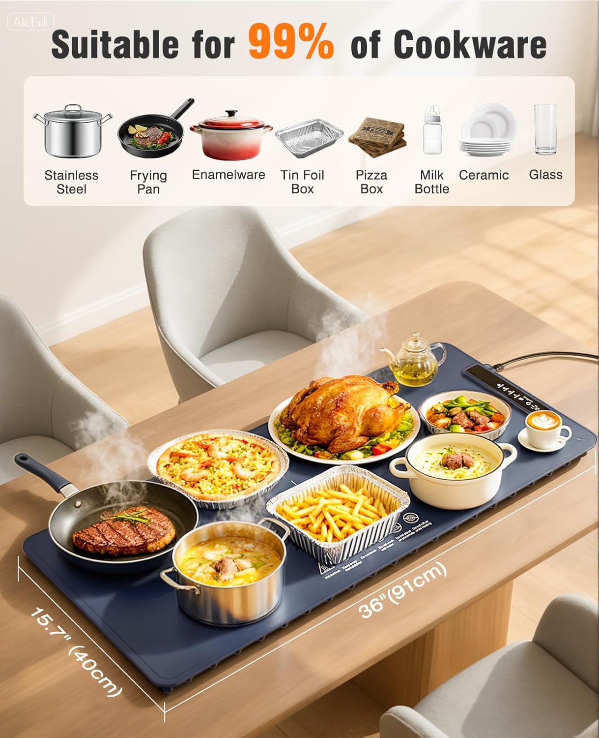 Food Warming Mat 36"x16", Fast Heating Electric Warming Tray, 4 Temperature Settings, 3 Timer Modes and Auto Shut-Off, Raised Feet Protects Tabletop, Portable Food Warmer for Party Buffet
