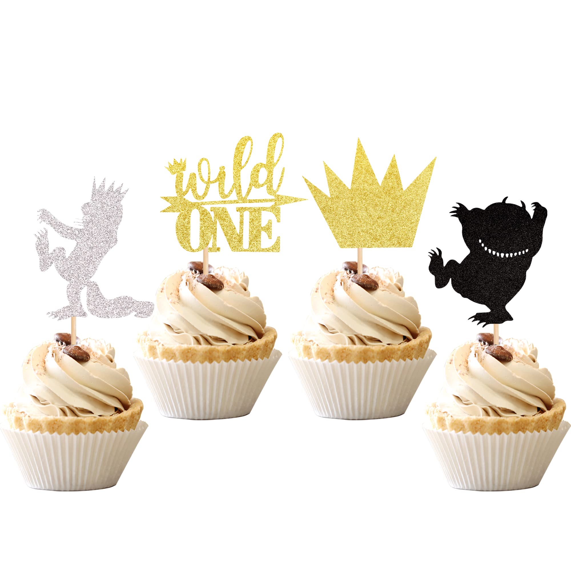 24 PCS Where The Wild Things Are Inspired Cupcake Toppers Glitter Crown Wild One Cupcake Picks Baby Shower Kids 1st Birthday Party Cake Decorations Supplies Colorful