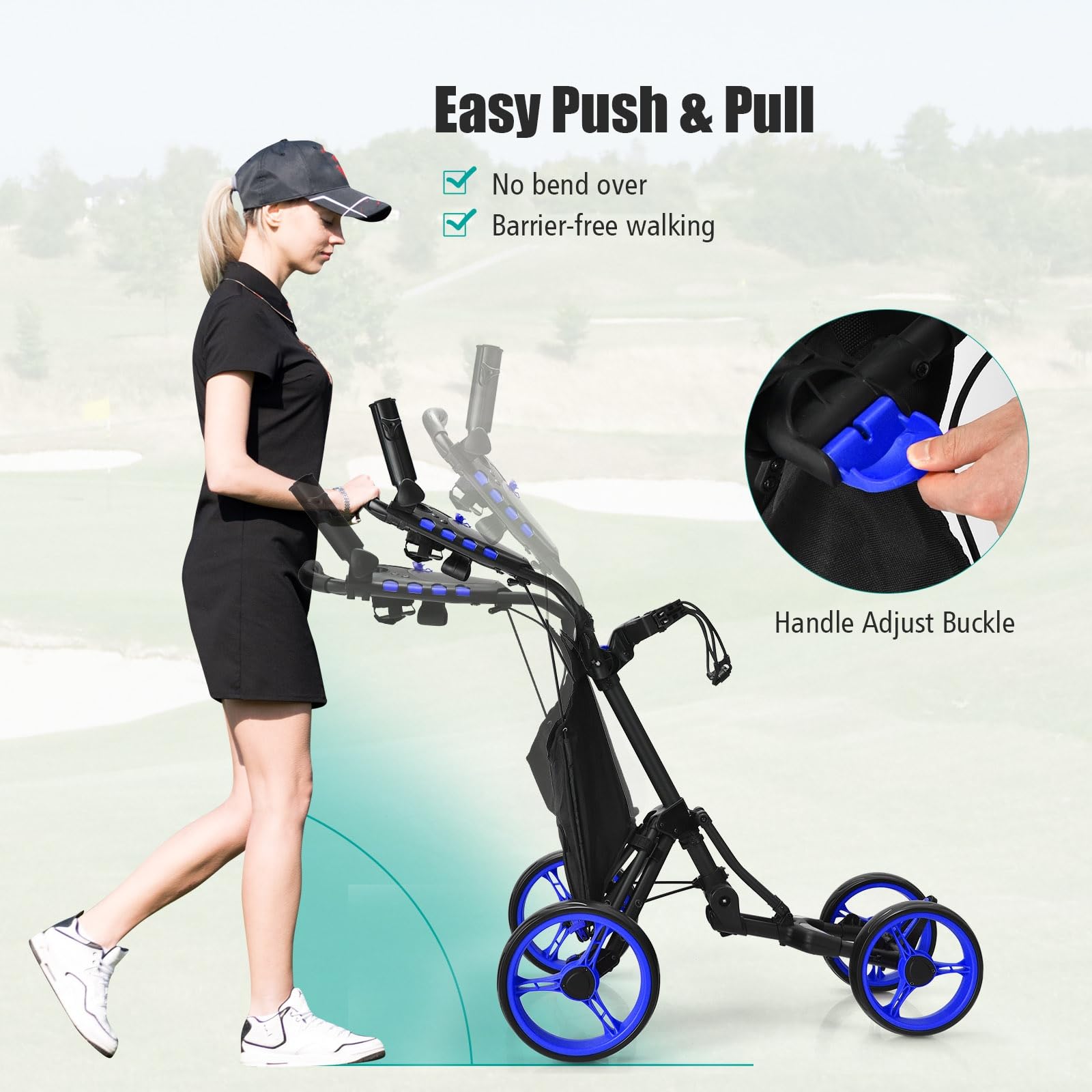 LIFEZEAL Golftrolley mit 4 Rädern, Golf Push Cart mit Fußbremse, Golfcaddy mit Aufbewahrungstasche & verstellbarem Griff, 110 x 65 x 100 cm