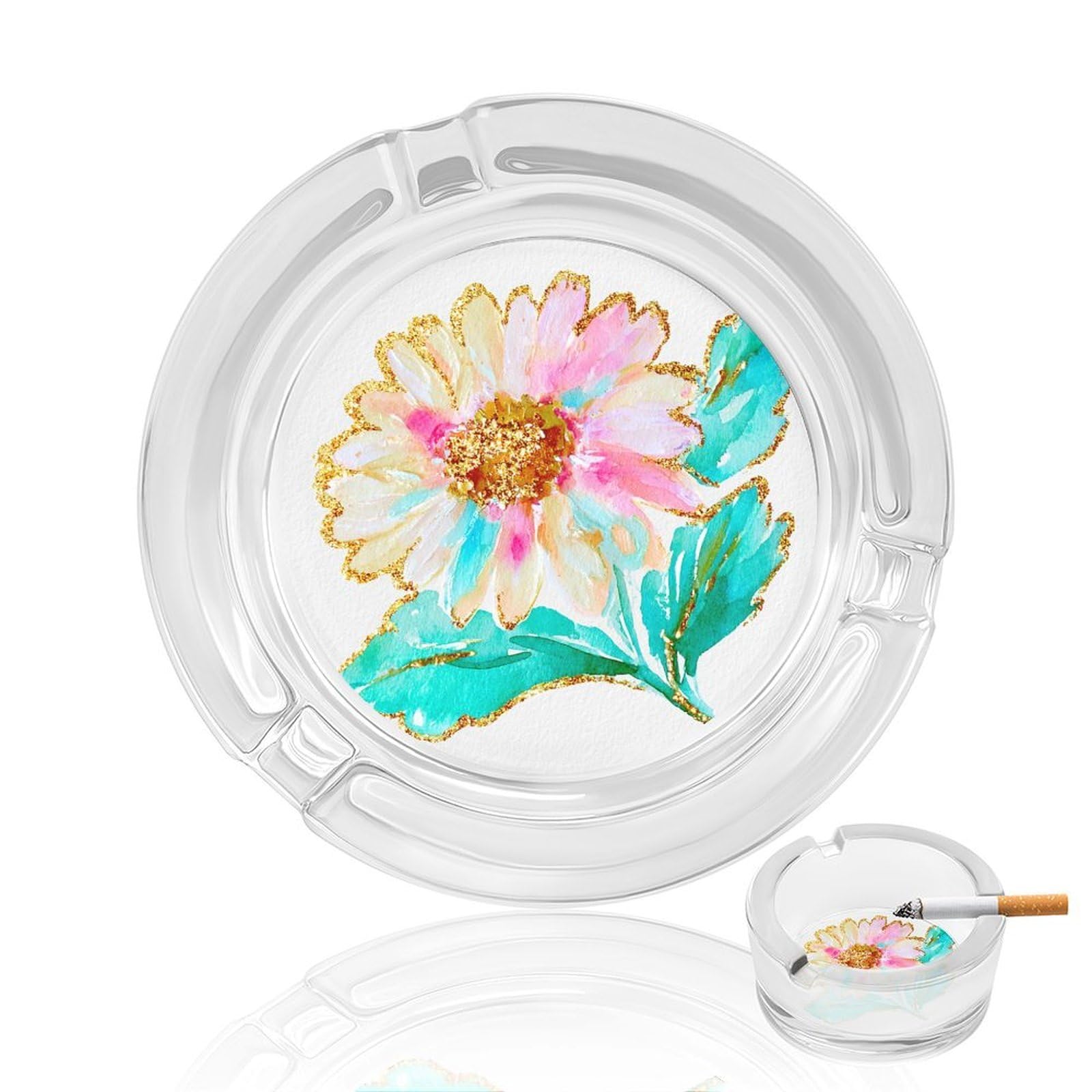 Daisy Sprig with Cream Petals Golden Centers Glass Ashtray for Cigarettes Portable Decorative Ash Trays for Home Office Decor