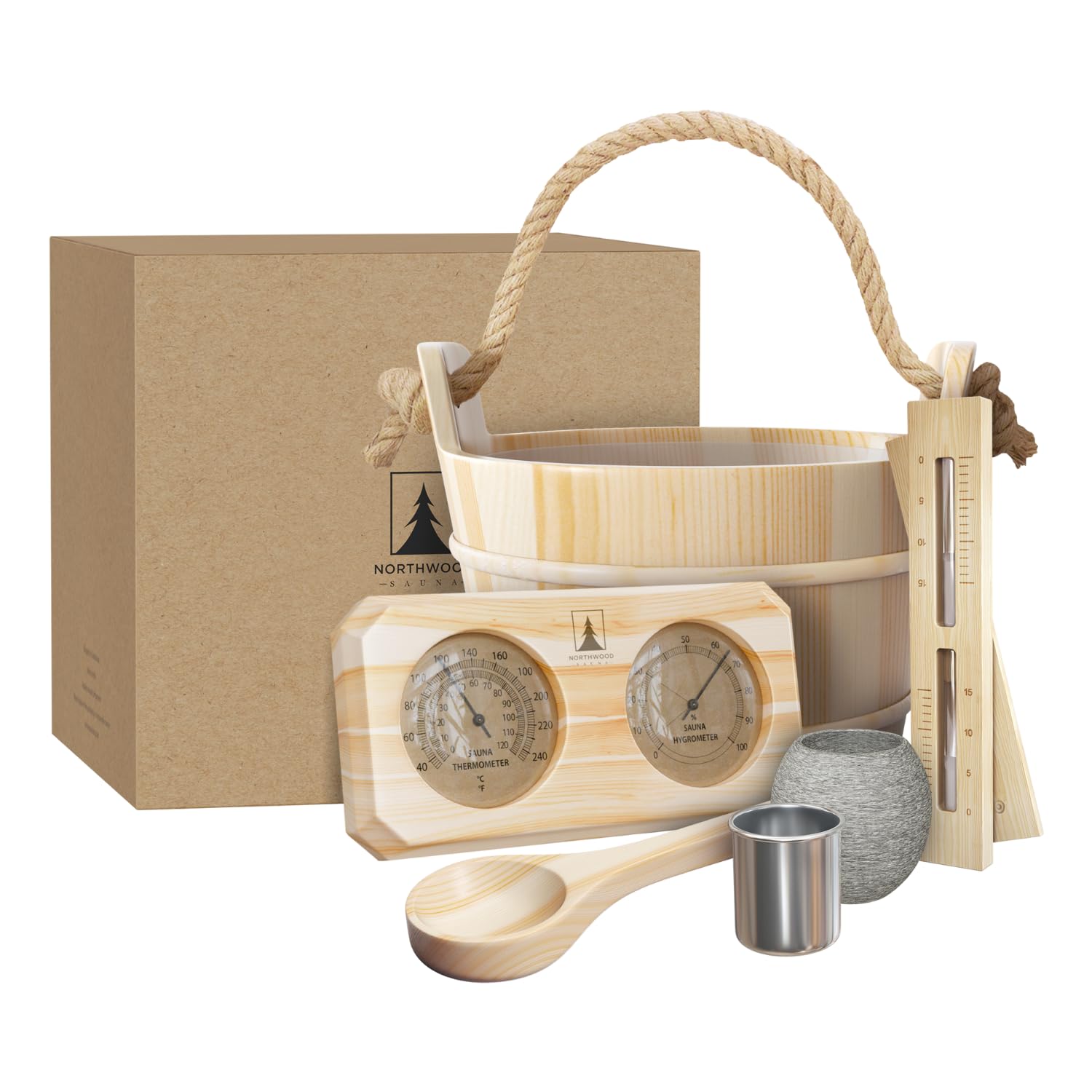 Northwood Sauna - Kit di accessori per sauna, realizzato a mano in legno di pino finlandese, set di base (secchio e mestolo, termometro e igrometro, clessidra, tazza per aromaterapia)