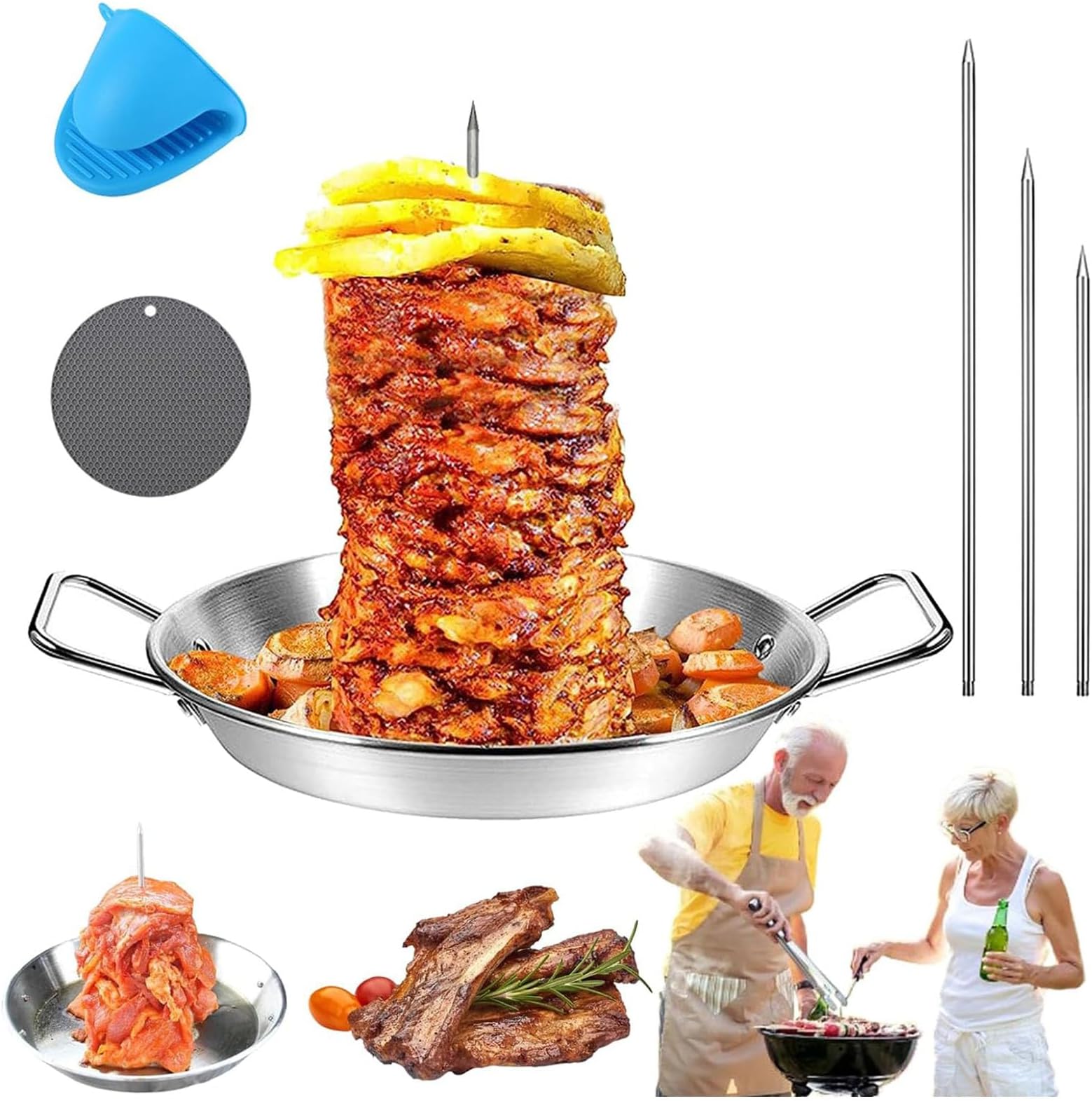 Gyro Pan with Skewer, Gyro Cooking Plate, Vertical Gyro Pan Skewer, Vertical Skewer Pan for Oven, Gyro Meat Pan Vertical Skewer, Stainless Steel Vertical Skewer Pan, Shawarma Skewer Stand (B,10in)