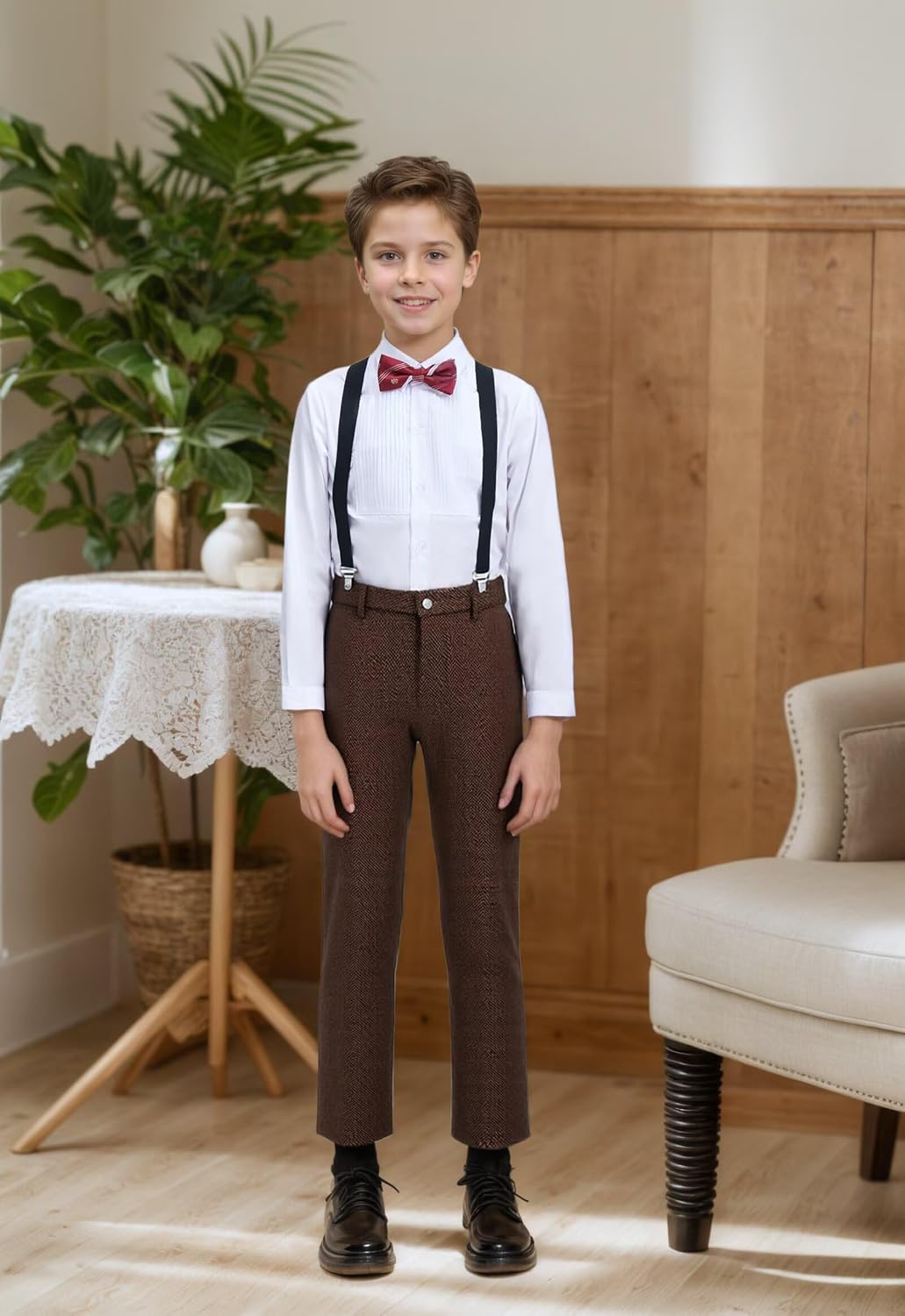 Boys Tweed Pants Kids Strap Suit Pants 2 Piece Set, Wedding Ring Bearer Pants with Elastic Shoulder Strap