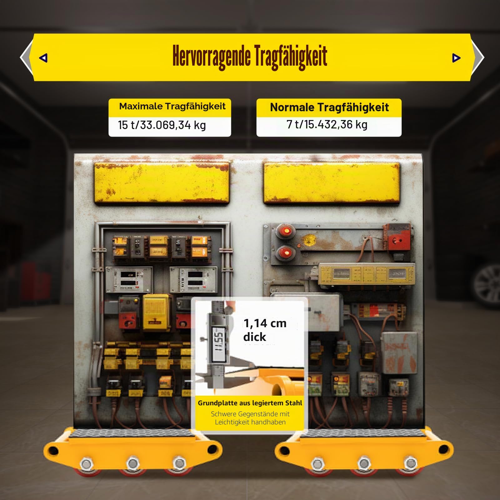 Transportfahrwerk 15T Schwerlastfahrwerk Industrieroller Maschinentransport Schwerlastrollen Roller Panzerrolle mit 9 PU Richtungsräder Roller Möbeltransporthilfe 15T Gelb