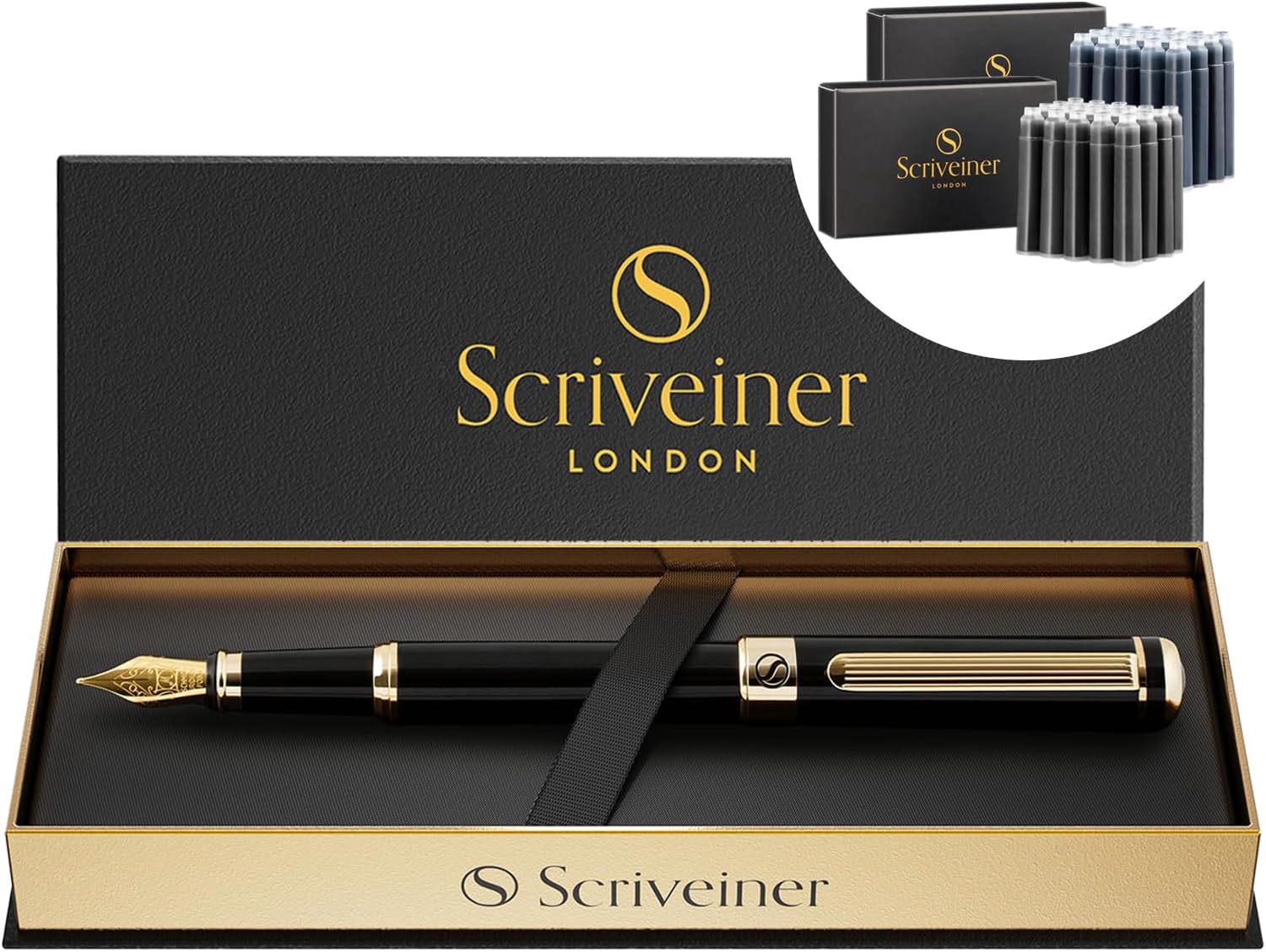 Scriveiner Luxury Fountain Pen - Stunning Black Lacquer Pen, Real Gold Plating, Schmidt Gilded Nib (Medium), Bundle with Fountain Pen Ink Cartridges - Black & Blue - 20 Standard International