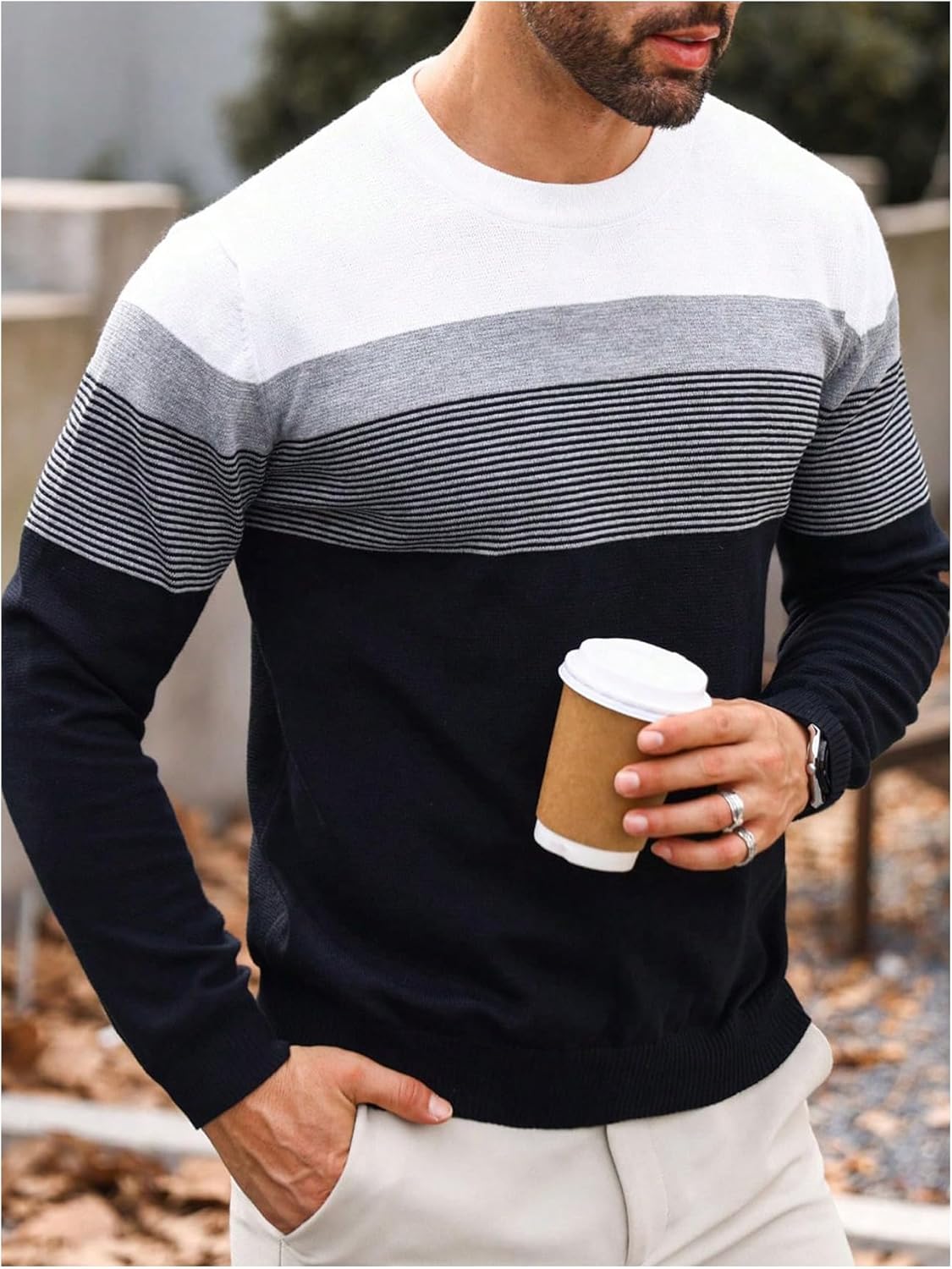 MakeMeChic Men's Striped Sweaters Long Sleeve Round Neck Knitted Pullover Tops - Image 5