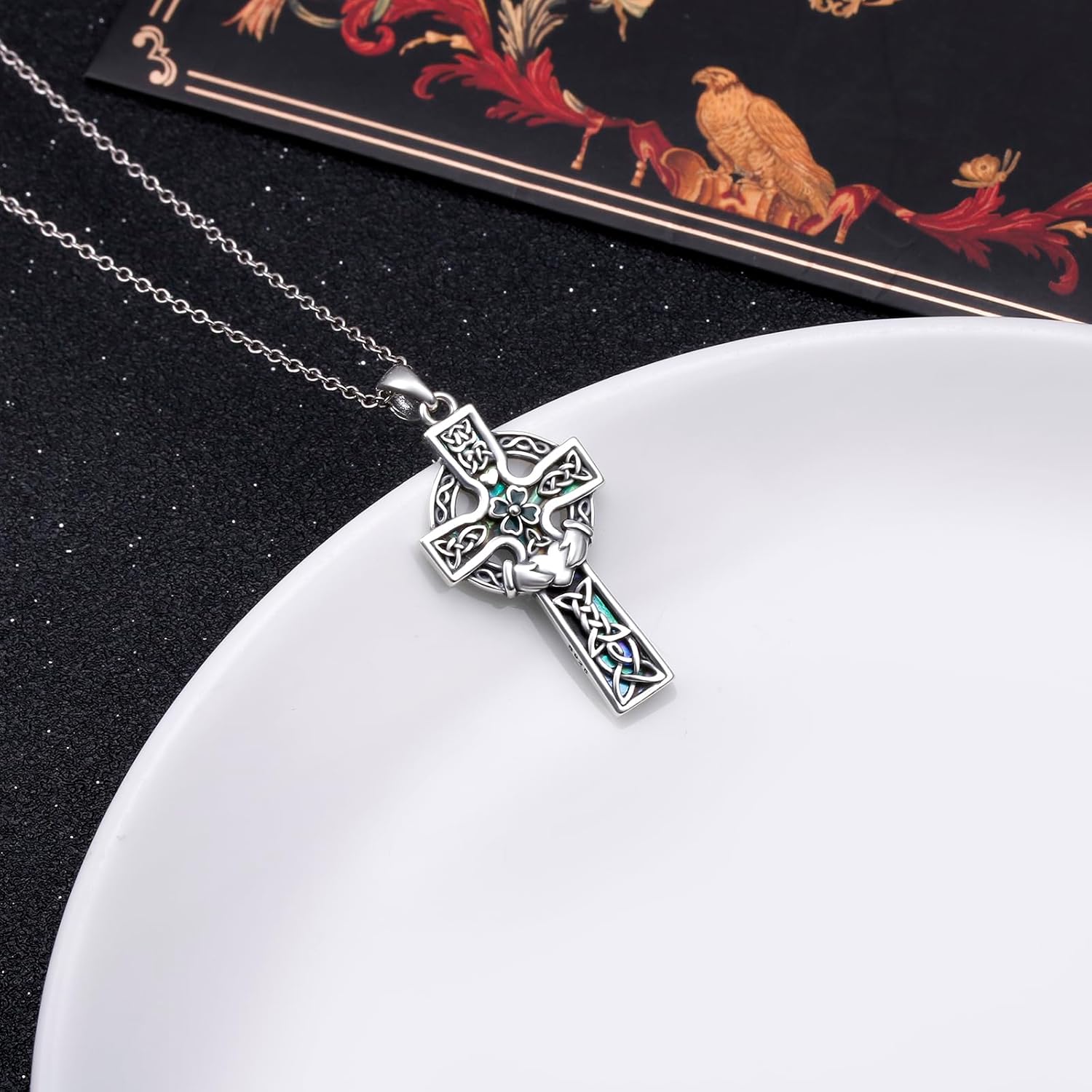 925 Sterling Silver Abalone Shell Celtic Cross Necklace Irish Knot Christian Amulet Pendant Gift for Women Men - Image 3