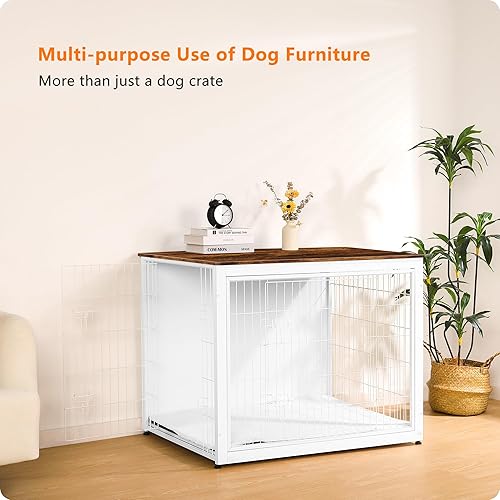 Vista 47 de DWANTON Mueble de jaula para perros con cojín, caja de madera para perros con puertas dobles, muebles para perros, perrera de interior, mesa Negro