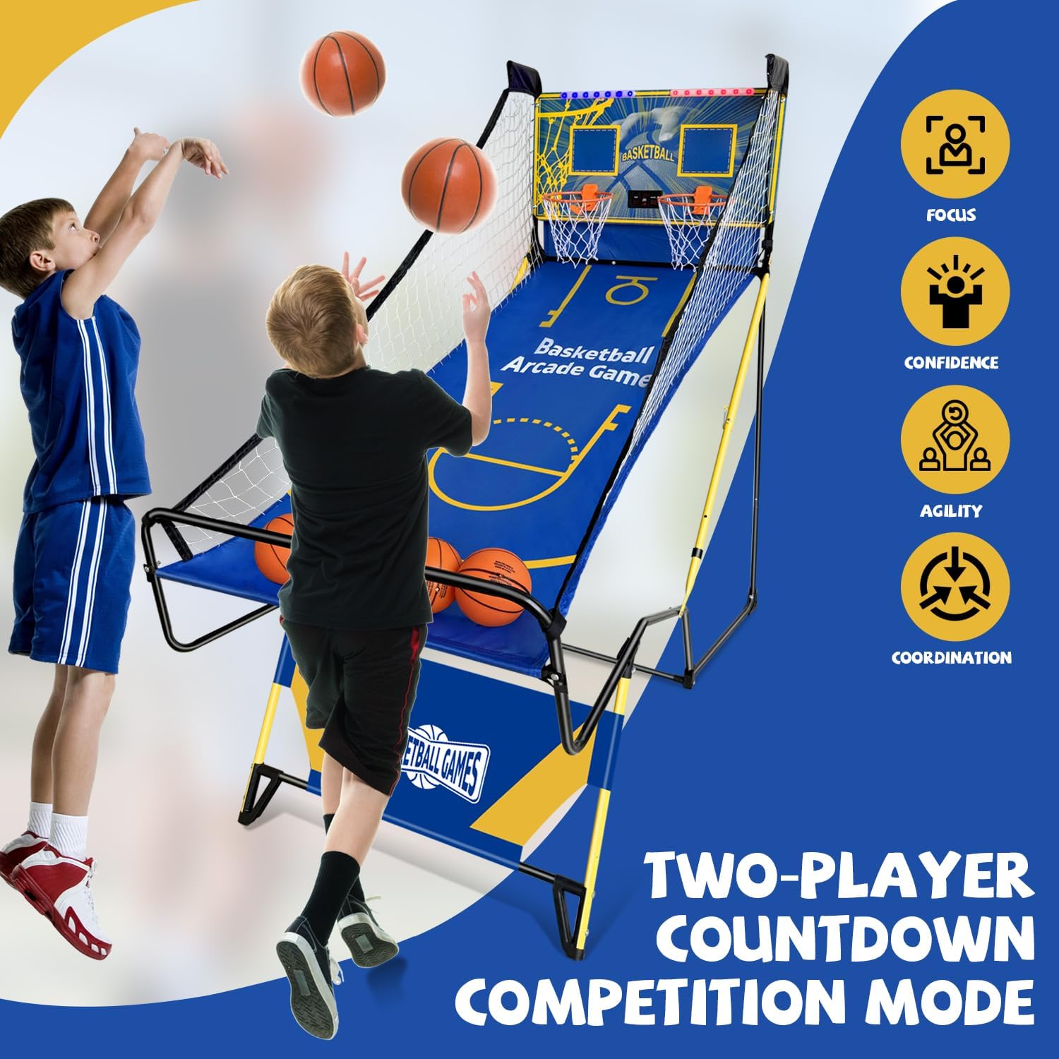 Small Arcade Basketball Game,Foldable Indoor Dual Basketball Scoring System with Sound Effects,Pump and Dual HoopsGame Modes for Family Game