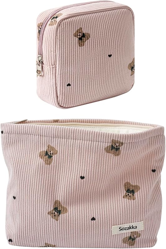 Necessaire de maquiagem RSRSLEII em veludo cotelê com estampa de urso, 31 Pink Bear, com zíper, Pacote com 2