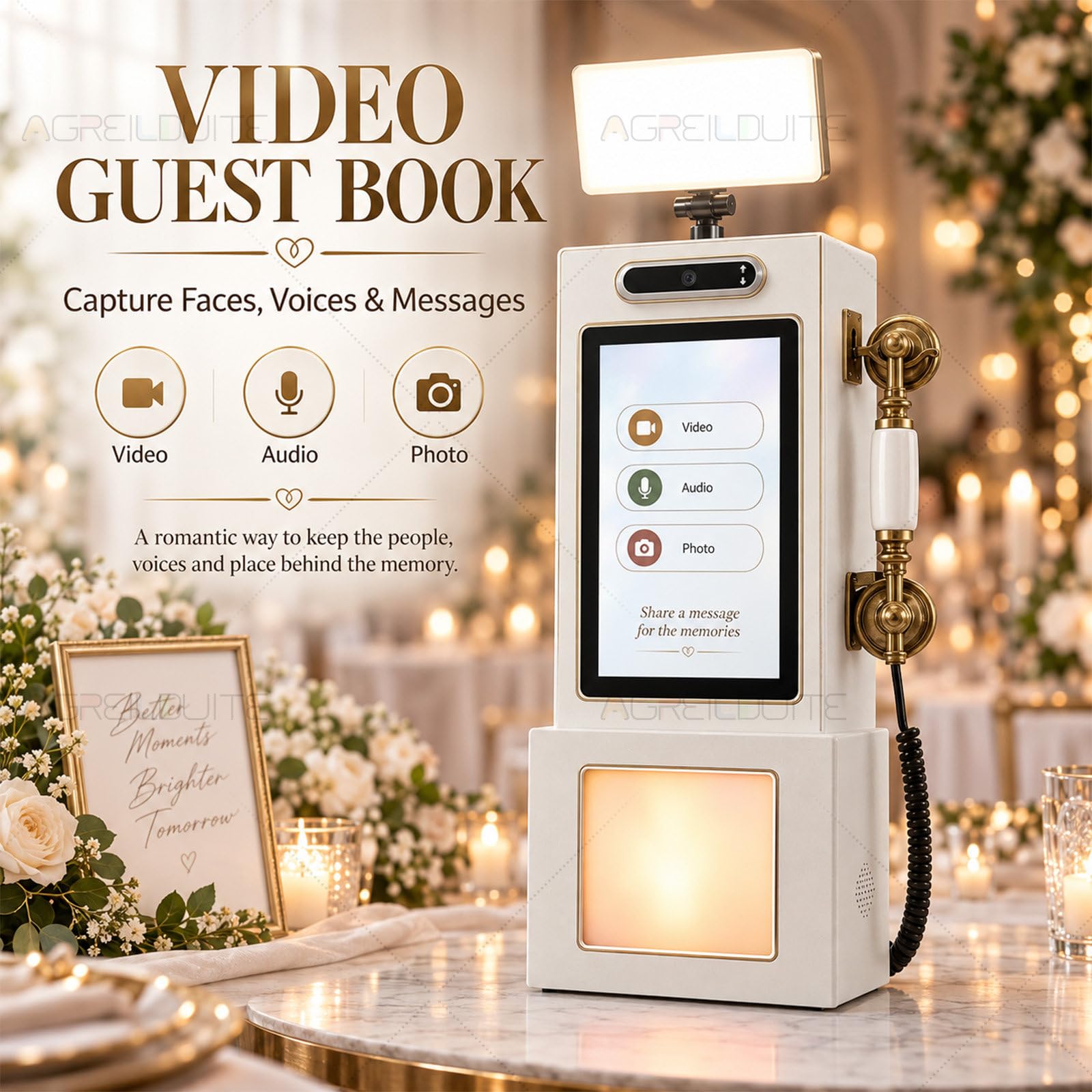 Téléphone Livre d'or Mariage, téléphone Vintage Livre d'or Audio et vidéo avec lumière LED & Interface multilingue, Pose sur Table ou Murale, Messages vidéo pour Location d'événements
