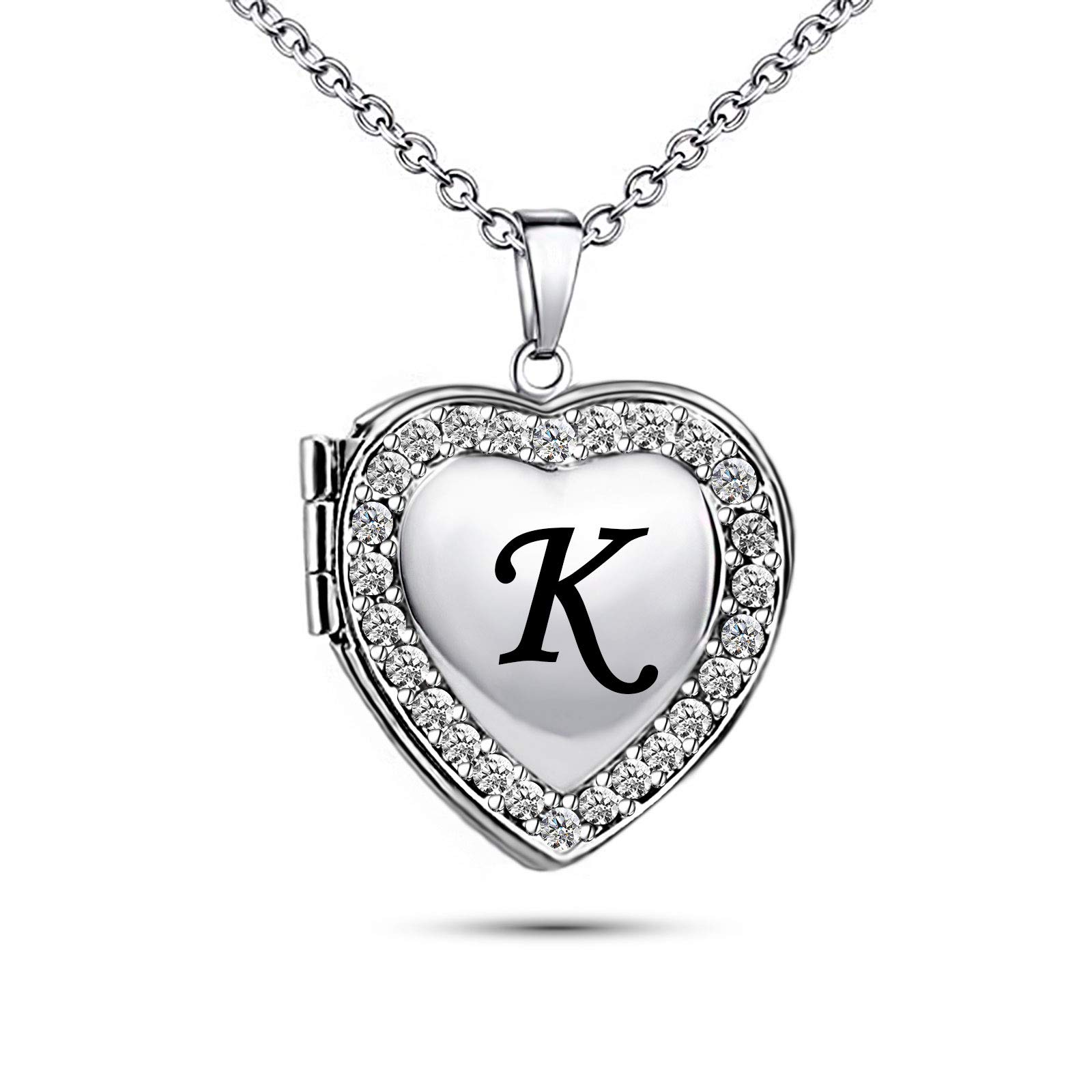 KunBead Name Initial Custom Heart Locket Letter Love Pendant Necklace for Women with Birthstone that Holds Pictures for Family