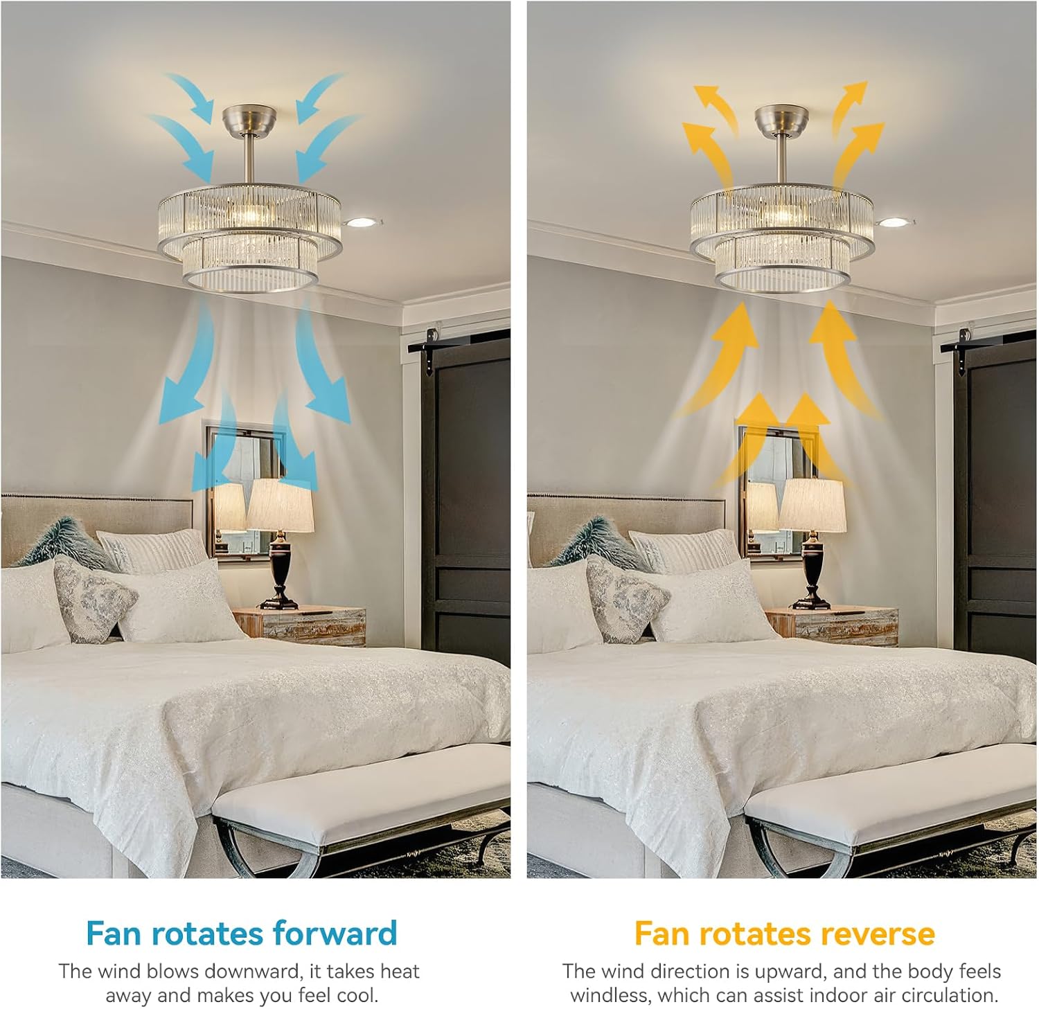 20" Silver Crystal Chandelier Ceiling Fan, Silver Caged Fandelier Ceiling Fan with Light, Modern Crystal Style 6-Speed Chandelier for Bedroom, Living Room, Nursery, Foyer.