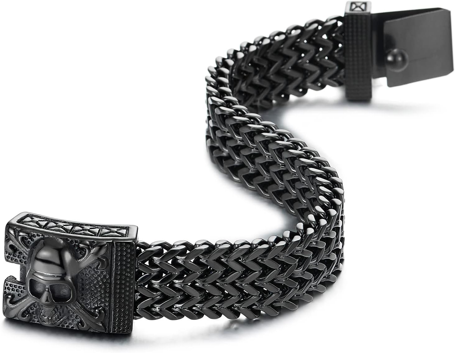 COOLSTEELANDBEYOND Mens Large Stainless Steel Franco Link Curb Chain Bracelet with Pirate Skulls Clasp