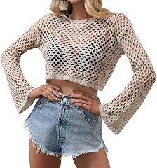 Top cropped feminino de crochê, manga comprida, vazado, tricotado, pulôver, saída de praia