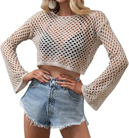 Top cropped feminino de crochê, manga comprida, vazado, tricotado, pulôver, saída de praia