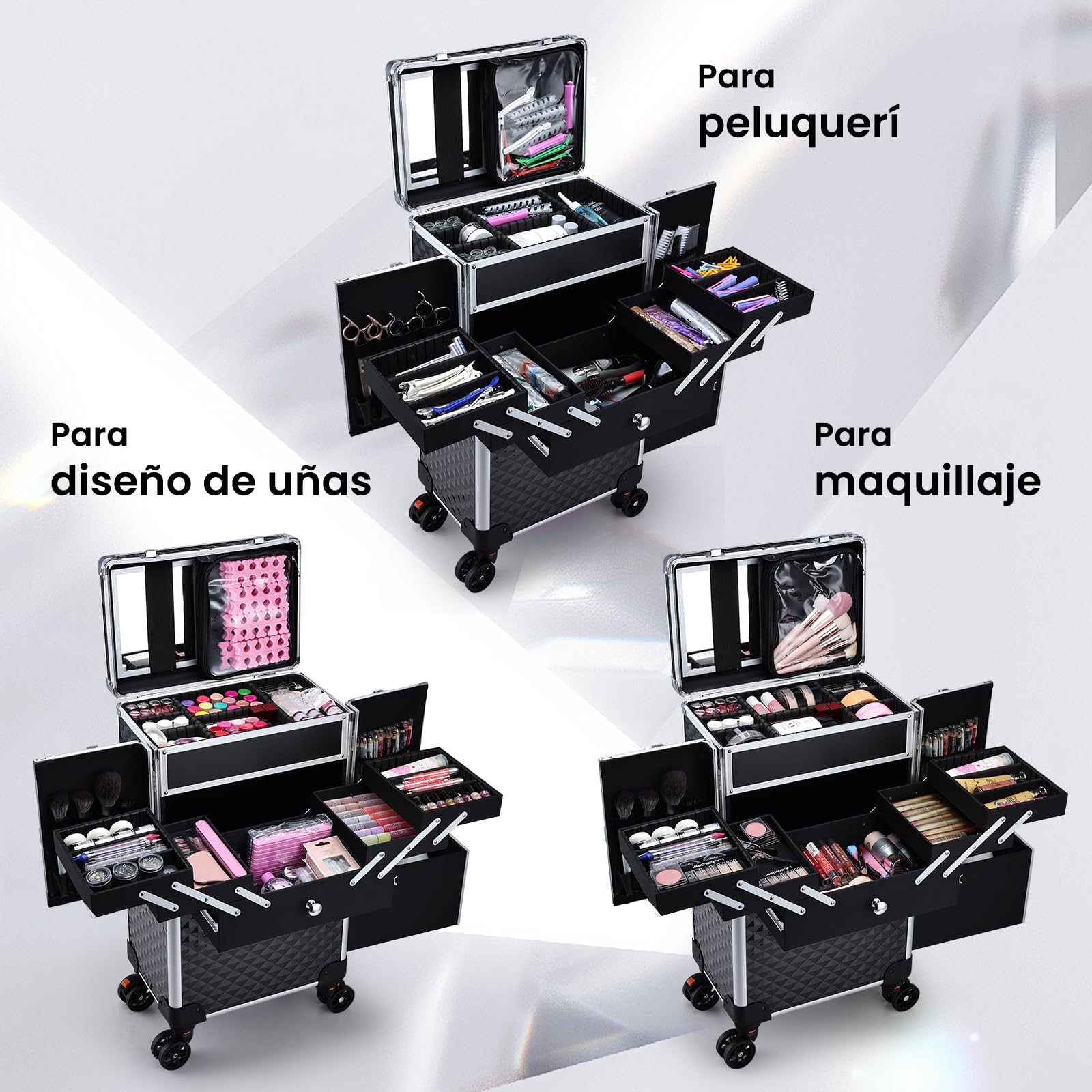Maleta de Maquillaje con Ruedas Profesional, Maletín de Manicura y Peluquería con Espejo, Cajón Deslizante y Asa Telescópica, Ruedas 360° con Freno, Organizador de Belleza para Salón o Viaje, Negro