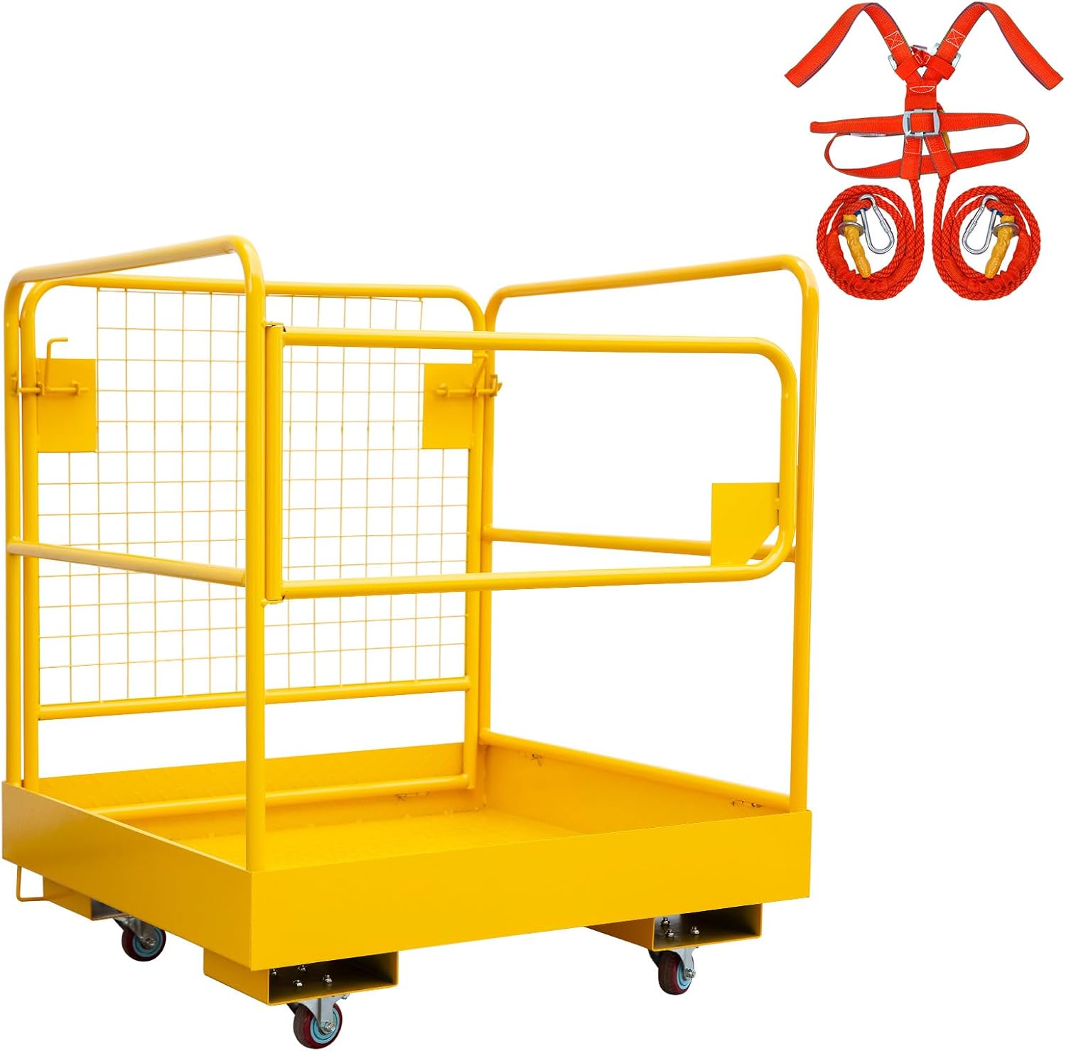 GarveeTech Forklift Safety Cage with Safety Harness & Lock, 36 in x36 in Lift Basket, Heavy Duty Man Basket 1200 LBS Capacity with 4 Wheels, Foldable Work Platform for Most Aerial Work