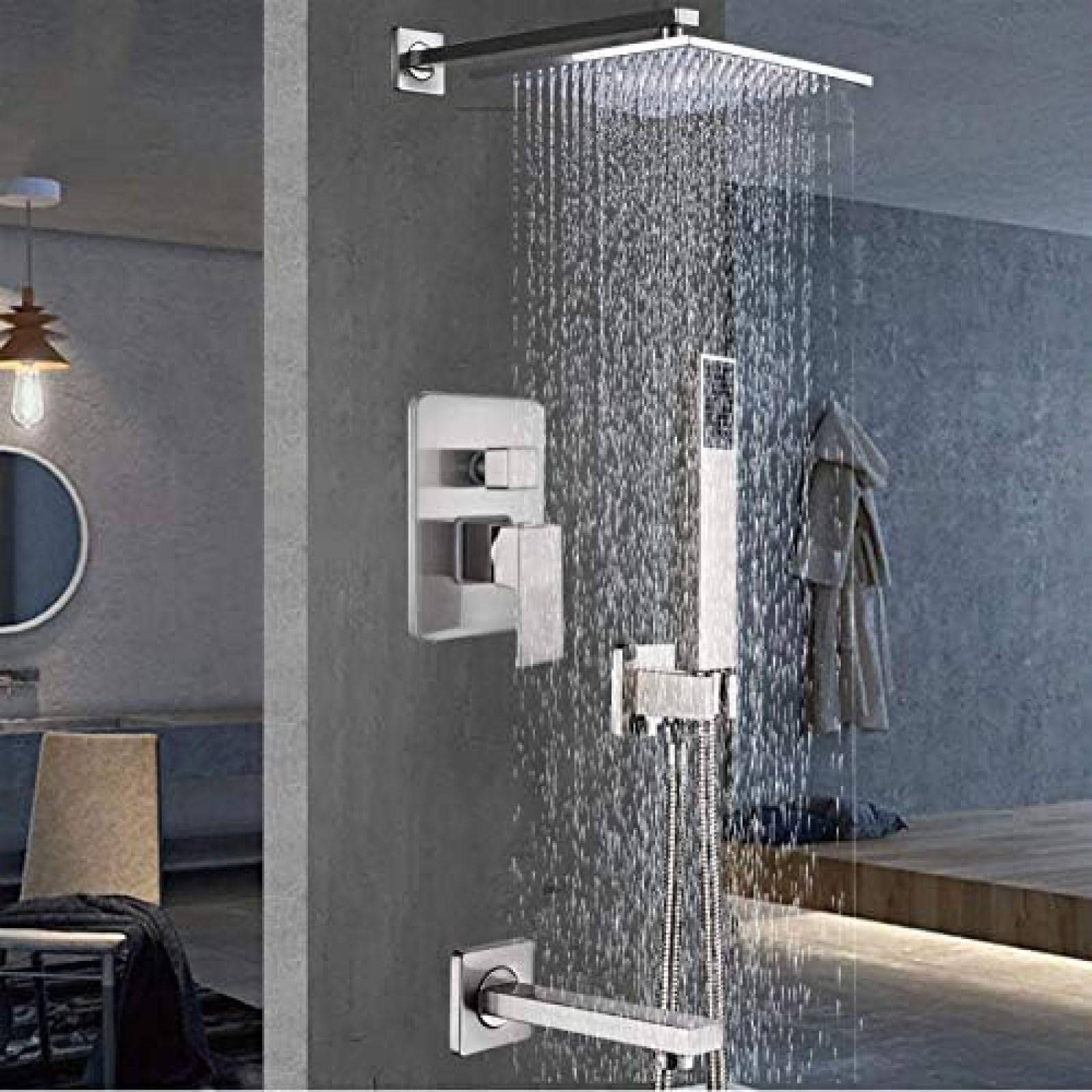 Mitigeur de douche en nickel brossé avec pomme de douche à main pratique