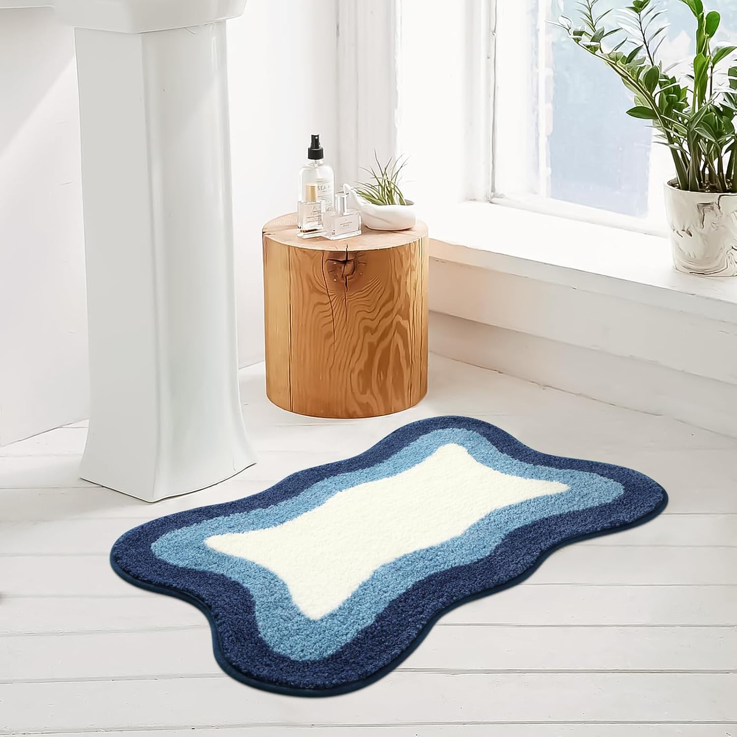 HAOCOO Bathroom Rugs 18x25 inch, Extra Soft Non Slip Blue Irregular Shape Bath Rugs, Microfiber Absorbent Washable Small Rug Bath Mats for Bathroom Floor Door Mat Tub Shower - Image 2